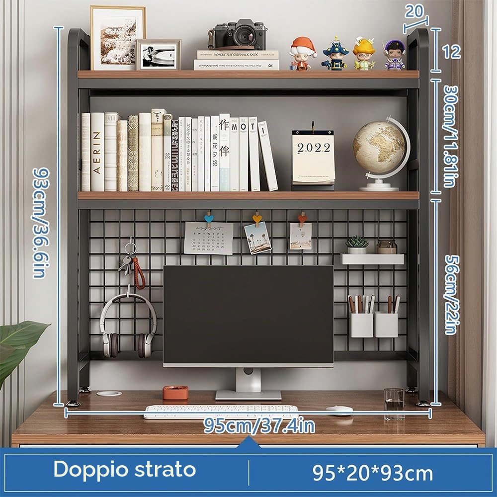 NUODWELL Libreria da scrivania per computer a 2 ripiani, in metallo, con pannello a griglia, 95 cm, multiuso, in legno, per esposizione del computer, per ufficio, casa, dormitorio, (nero)