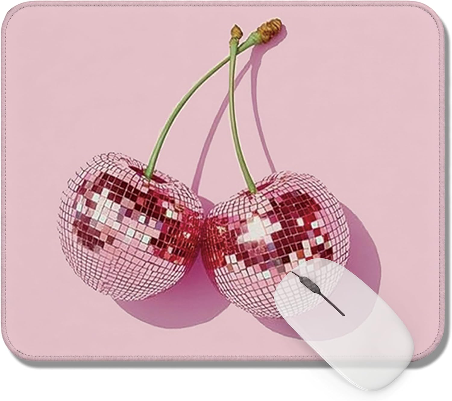 Pink Disco Cherry Mouse Pad 9.5x8 Inch, Cherry Gifts for Women, Glam Funky Y2K Mirror Ball Mouse Pads for Computer Laptop Desk, Office Desk Accessories