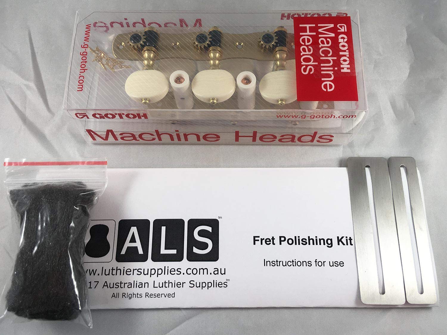 Gotoh Mechaniken f?r klassische Gitarre (Bonus ALS-Bund-Polier-Kit) 35G1800-2M Modell-Stimmwirbel von Gotoh Japan, massives Messing mit elfenbeinfarbenen Kn?pfen