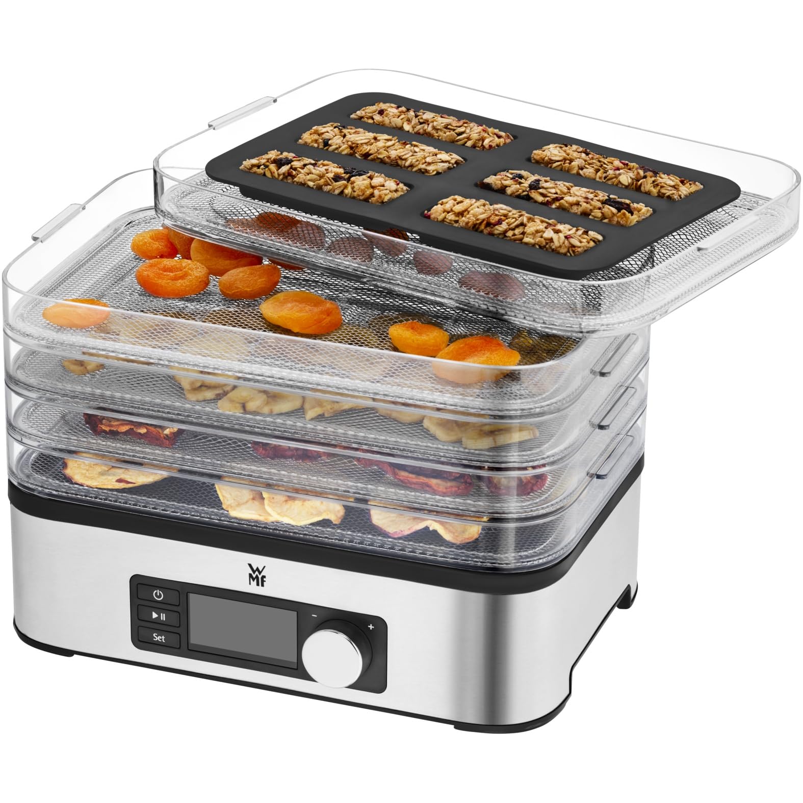 WMF Küchenminis Dörrautomat Edelstahl, Dörrgerät mit 5 Einlegefächern, 30-70°C, bis 24h-Timer, Obsttrockner, Dehydrator, 2 Aufbewahrungsboxen, Müsliriegelform, spülmaschinengeeignete Teile