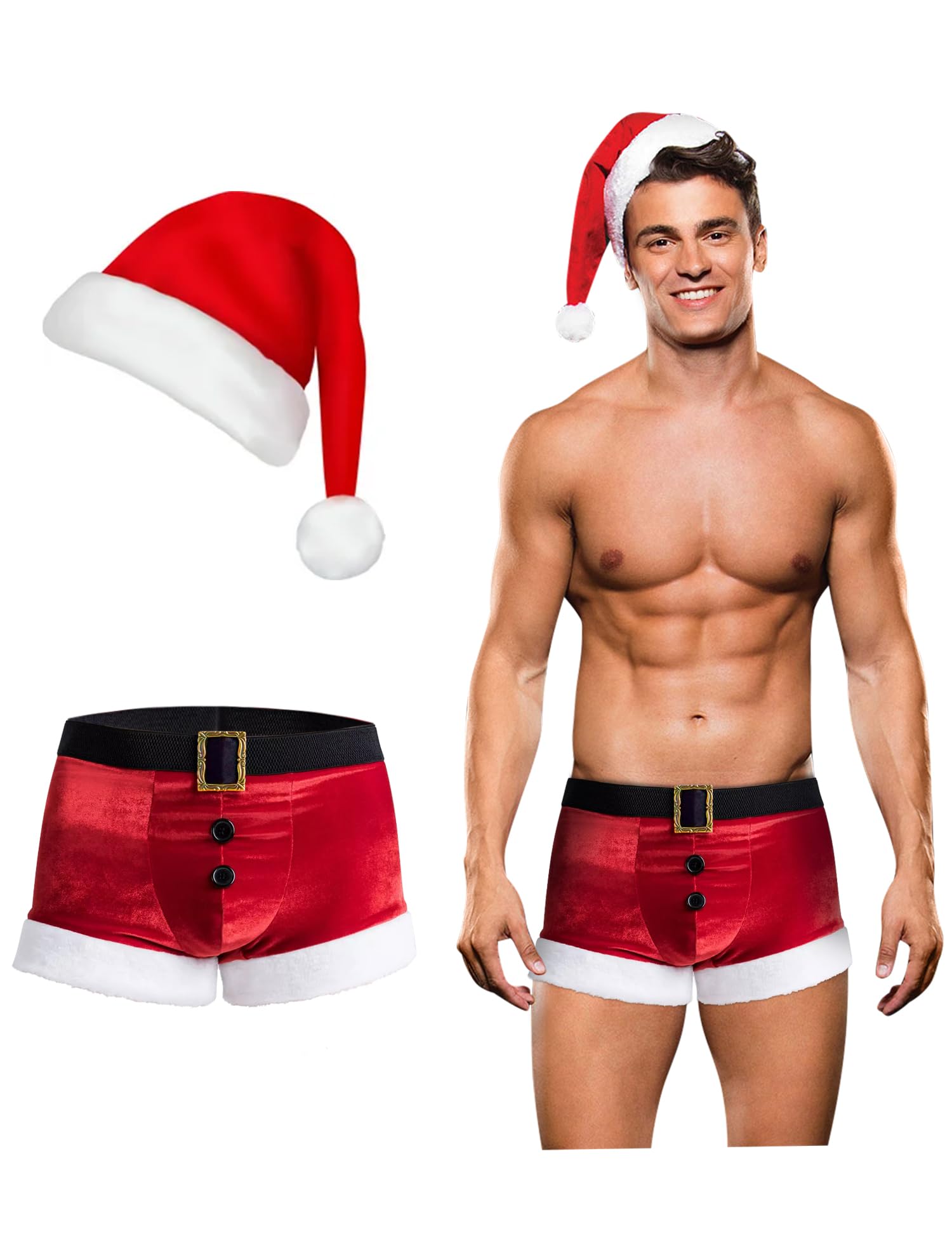 Men's Christmas Lingerie Set Sexy Santa Outfits 2PCS Red Boxers Holiday Briefs Underwear With Hat