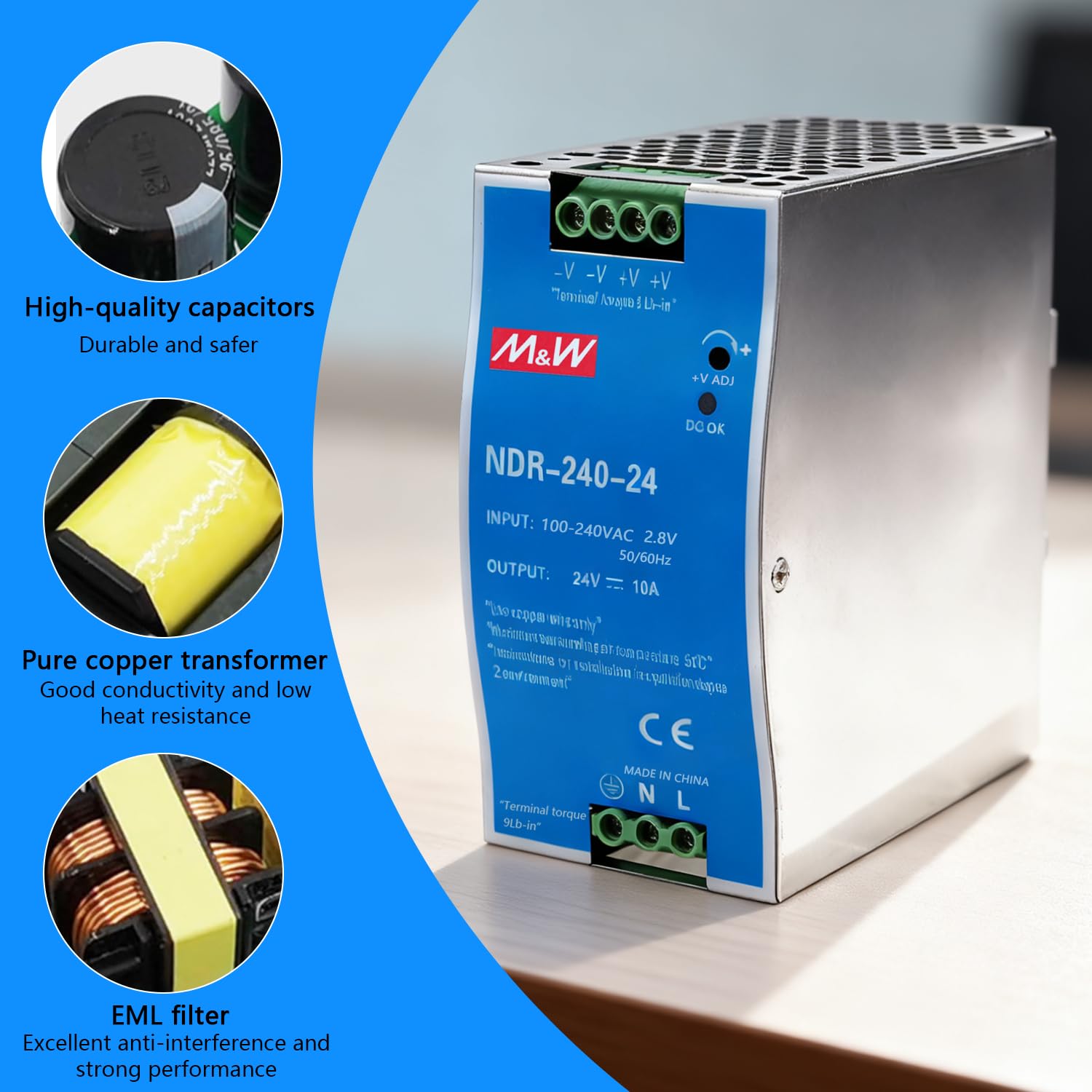 Fuente de alimentación para carriles, 24 V, 240 W, DIN rieles, fuente de alimentación conmutada, entrada 100-240 V CA, 2,8 A, salida CC 24 V 10 A, varias funciones de protección, ampliamente utilizado
