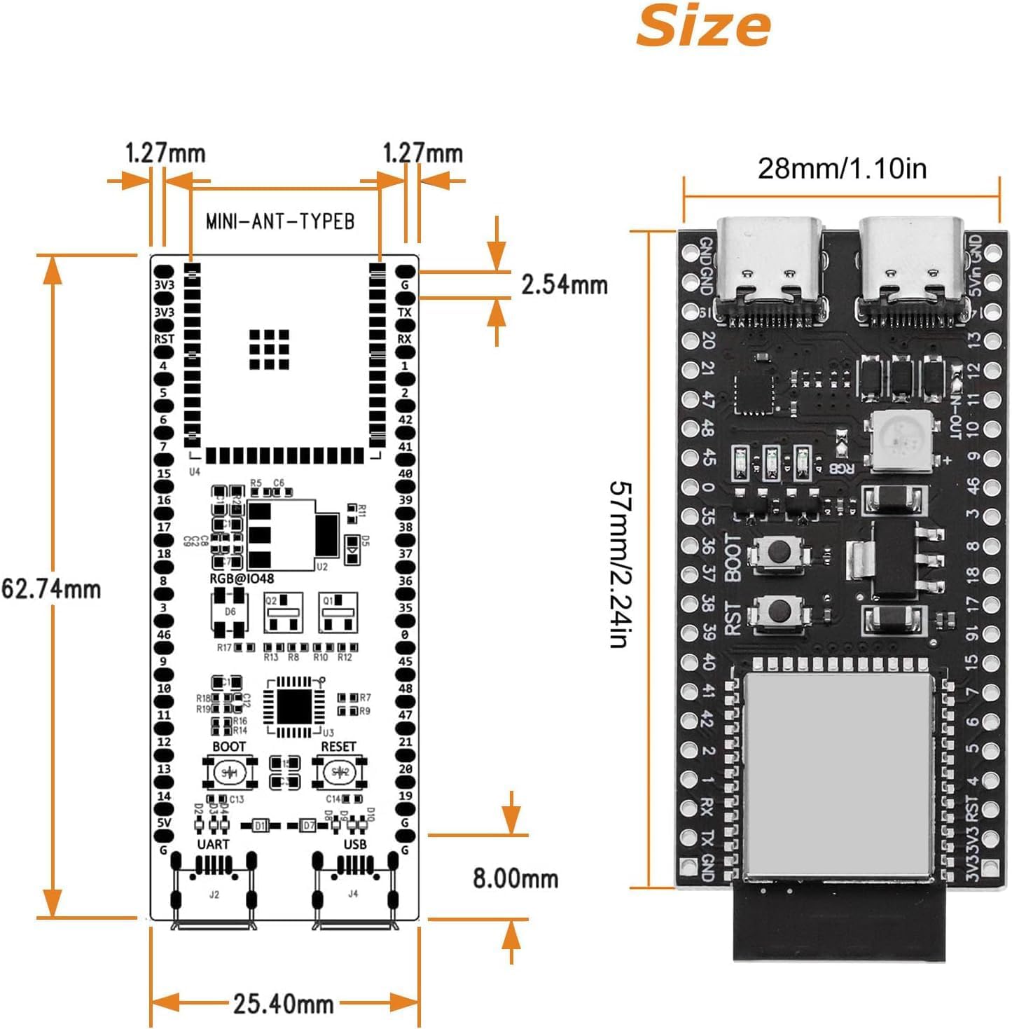 ESP-32-S3 Development Board Dimensions