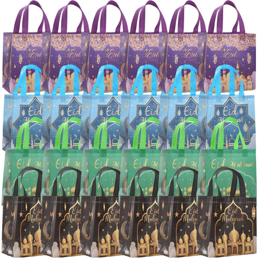 Glixoft 24pcs Non Woven Ramadan Bags Eid Mubarak Gift Bag Reusable Bags with Handle Eid Mubarak Tote Bags for Decorations Party Supplies