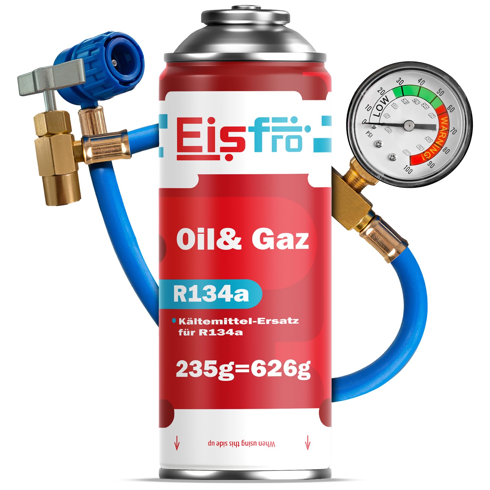 Sostituto del gas R134a 1 x 235 g con tubo flessibile per il riempimento e manometro per climatizzatori – Riempimento climatizzatori auto – Cartuccia di gas R134a