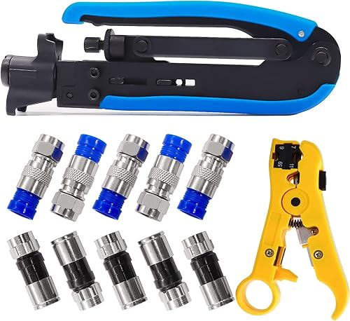 mxuteuk RG59 RG6 Herramienta de crimpadora de cable coaxial, herramienta de compresión coaxial, pelacables con 5 conectores de compresión tipo F RG6