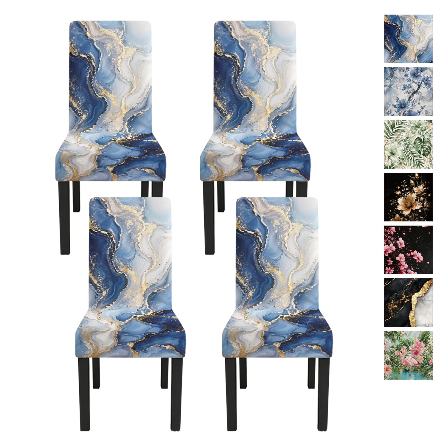 Blue Marble Dining Chair Covers Set of 4, Gold Vein Slipcovers
