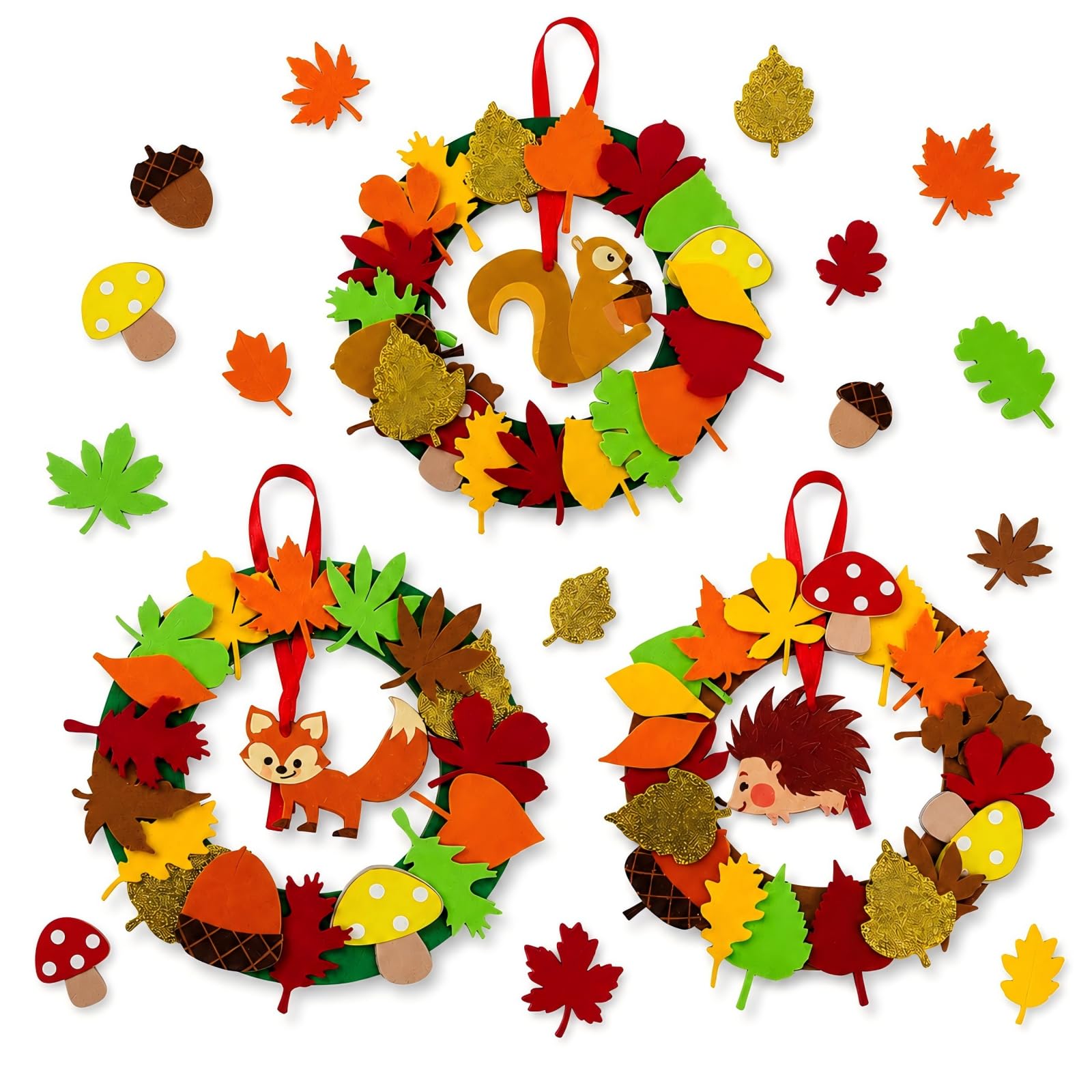 3 Pcs Autumn Wreath Kits, Autumn Wreaths Crafts For Kids, Autumnal Decorations, Wreath Ring To Design And Decorate Hedgehog Squirrel Fox Mixed Color Fall Leaves for Fall Thanksgiving Halloween