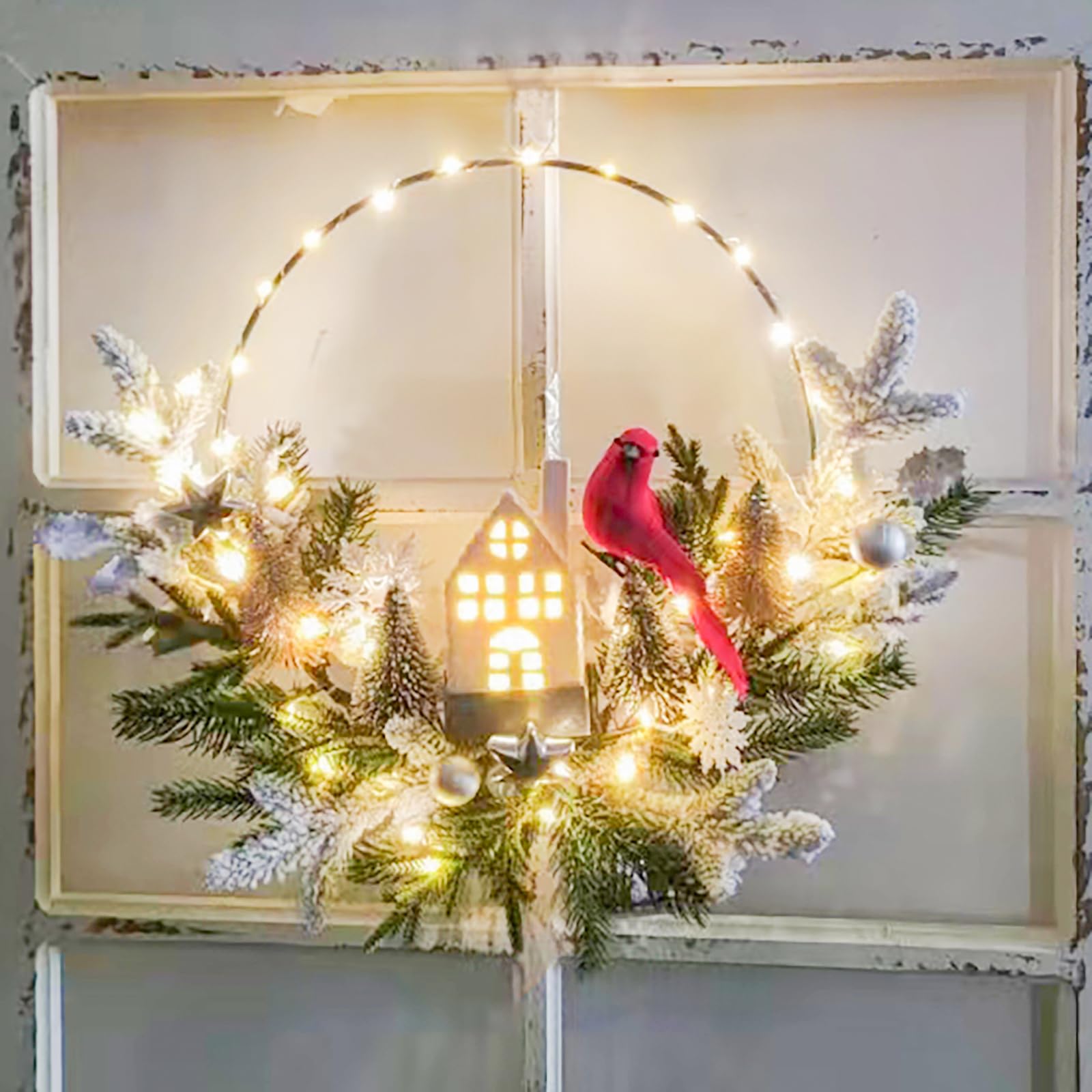 Atemberaubender vorbeleuchteter Weihnachtskranz für Haustür (40,6 cm), Türkranz, 40 LEDs, bezaubernder Kardinal und Haus, Weihnachtsfeiertage, Winterdekoration