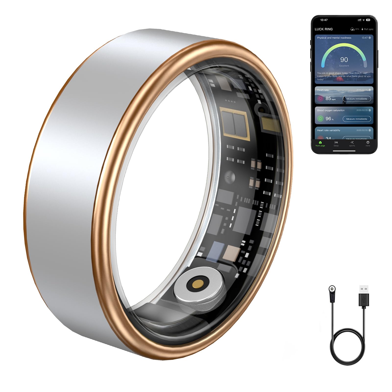 Jojovenusmall Smart Ring for Women Men - IP68 Waterproof Fitness Tracker with Long Lasting Batteries 28-Language App Sleep