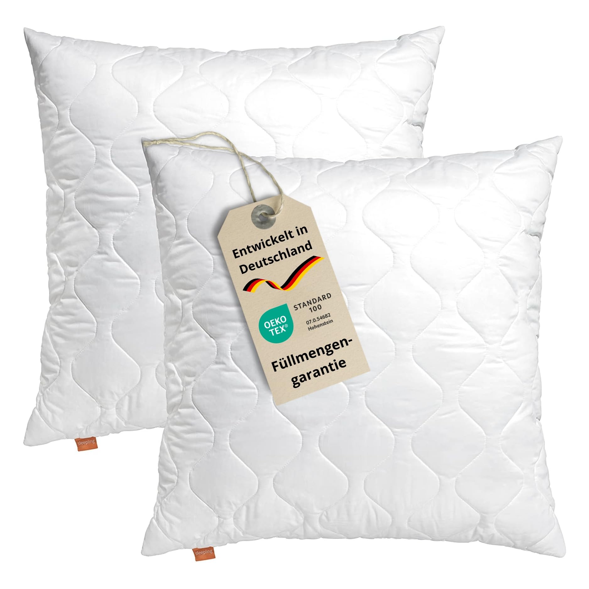 sleepling 2er Set Kissen 40x40 cm, Sofakissen, Kissenfüllung, Komfort 300 | Füllung Faserkugeln, Bezug Baumwollsatin, Deko Zierkissen für Allergiker 40 x 40, OEKO-TEX, Waschbar, Made in EU, 2 Stück