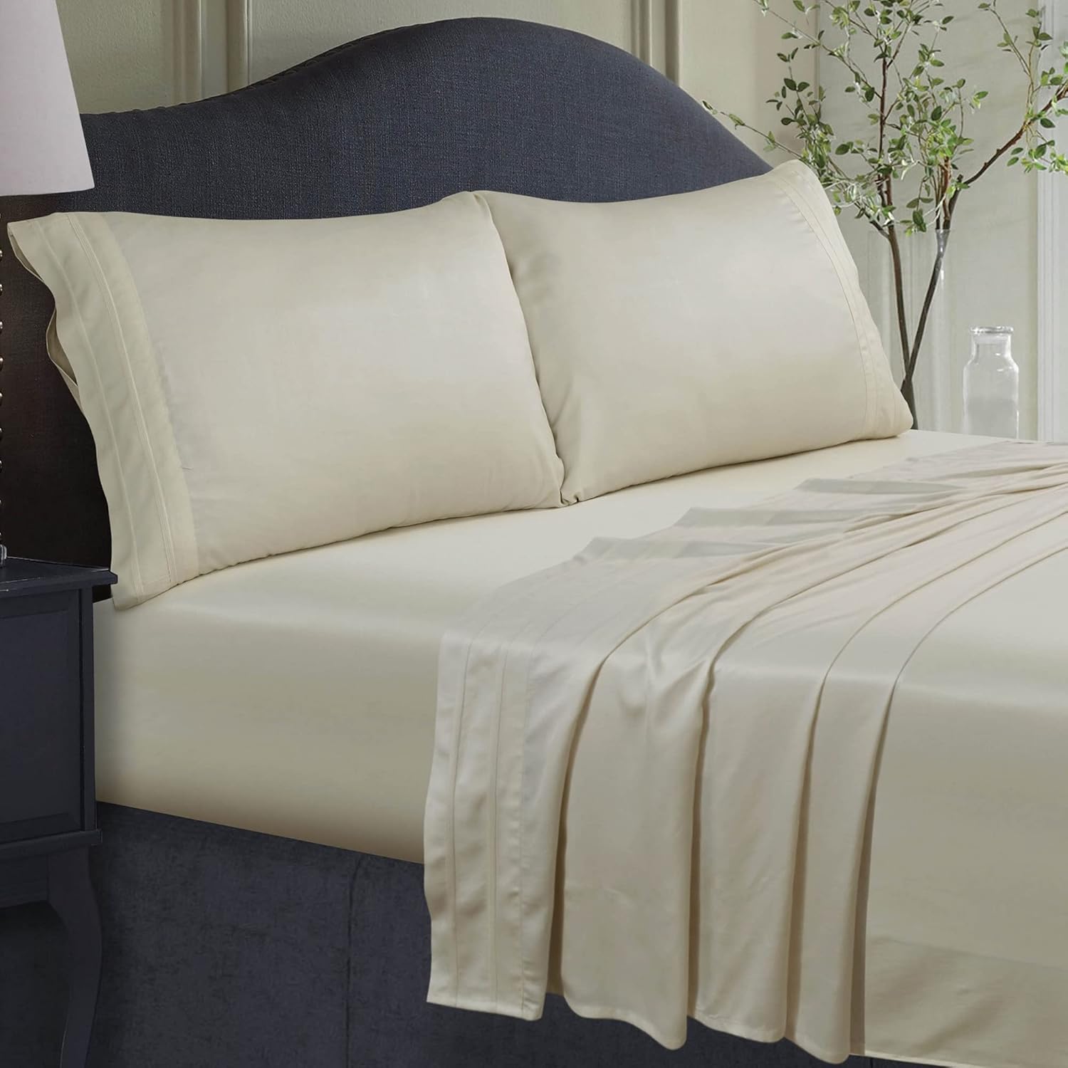 Tribeca Living Sateen Weave King Size Set - 100% Rayon from Bamboo with 300 Thread Count - Cooling Deep Pocket Fitted Sheet for Mattresses Up to 21 Inches in White