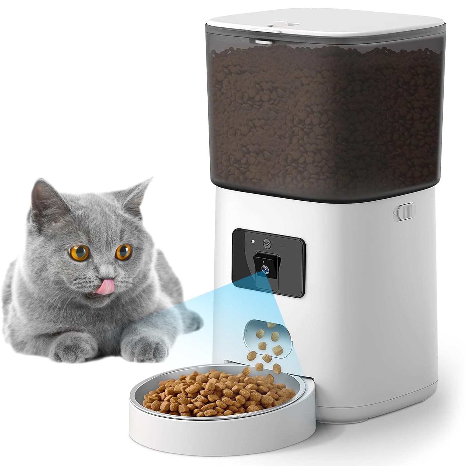 6L Distributore Automatico Cibo Gatti con Telecamera, 5G/2.4G WiFi Dispenser Cibo Gatti Collegare App, Doppia Alimentazione, 1-12 Pasti al Giorno, Ciotola in Acciaio Inox 304