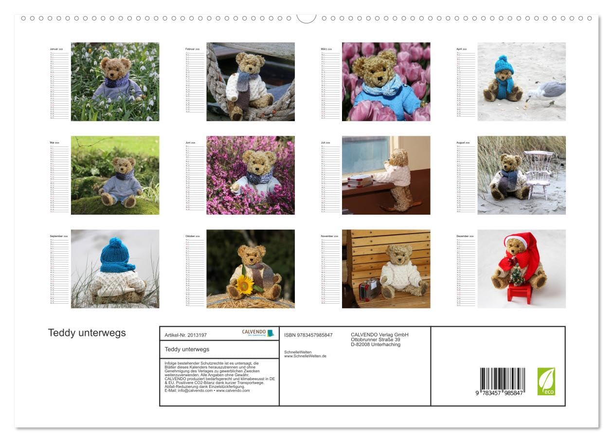 Teddy unterwegs (hochwertiger Premium Wandkalender 2026 DIN A2 quer), Kunstdruck in Hochglanz: Ein Teddykalender für die ganze Familie (CALVENDO Spass)