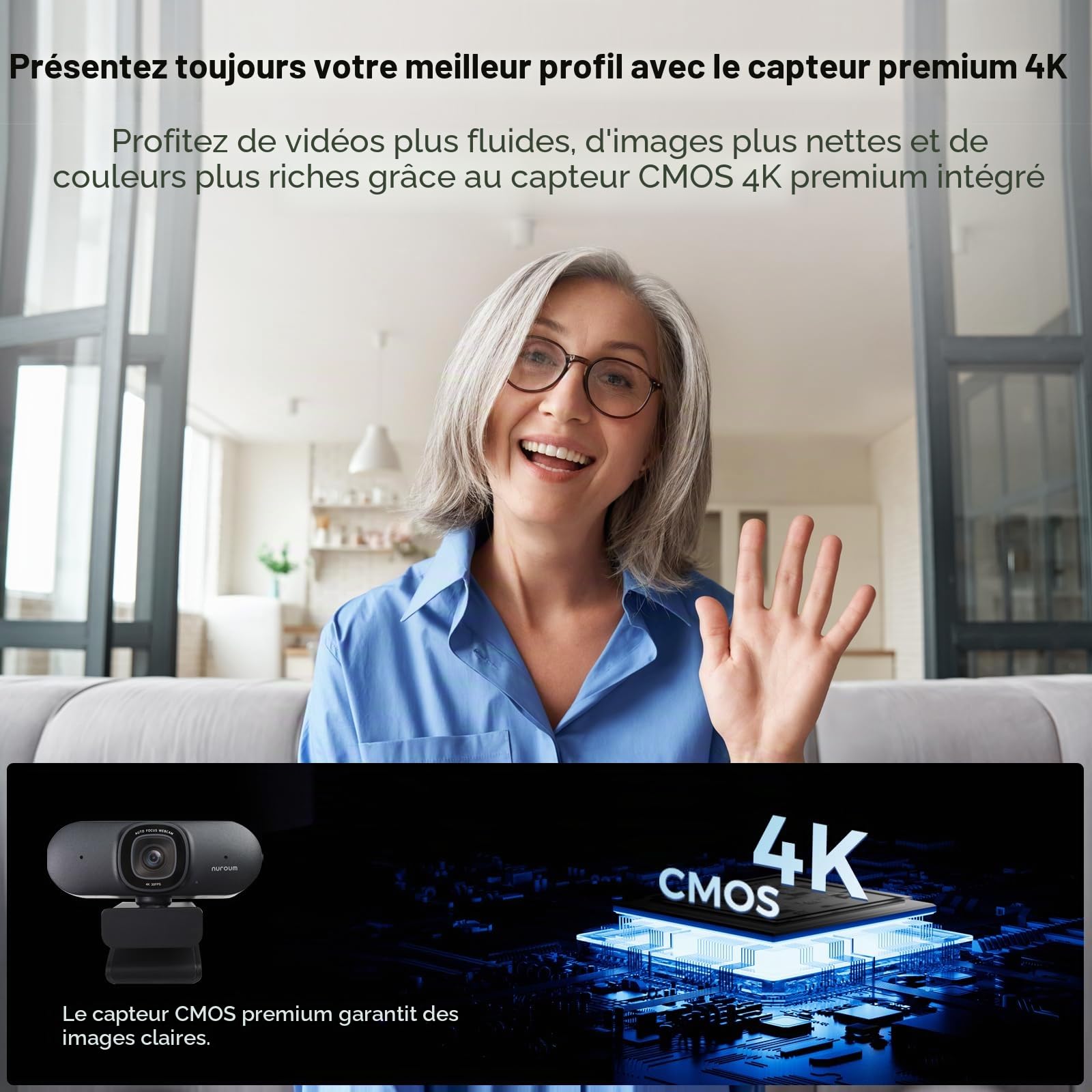 Nuroum V32-AF Webcam 4K 8MP 1080P/60fps, 1440P/30fps Sony CMOS avec Autofocus, Double Micros Anti-Bruit/Auto-Framing, Caméra PlugPplay pour Ordinateur Streaming/Vidéoconférence