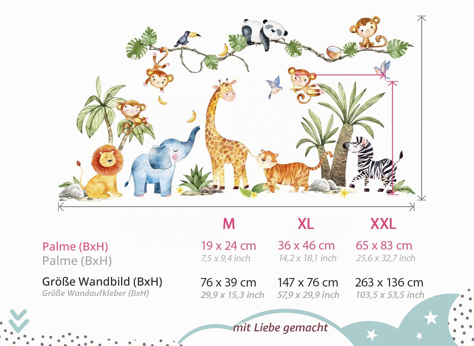 Little Deco XXL Wandsticker Safari Tiere Set Wandtattoo für Kinderzimmer Wandaufkleber Dschungeltiere Baum Babyzimmer Wandbild XXL - 263 x 136 cm (BxH) DL800