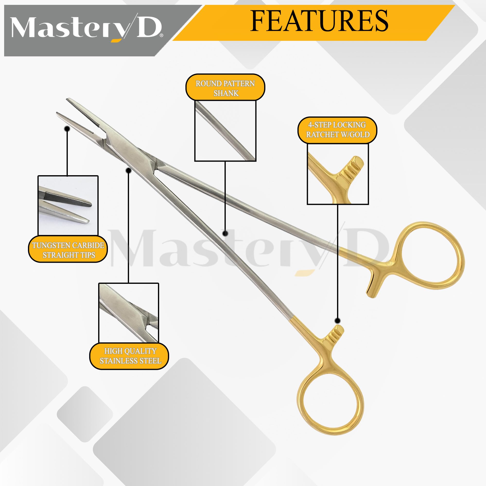 MASTERYD Size 8 Inch Mayo Hegar Needle Holder Driver with Tungsten Carbide Inserts Tip Serrated Jaws Premium Grade Stainless Steel Gold Plated Rings Dental Ortho Veterinary Instrument