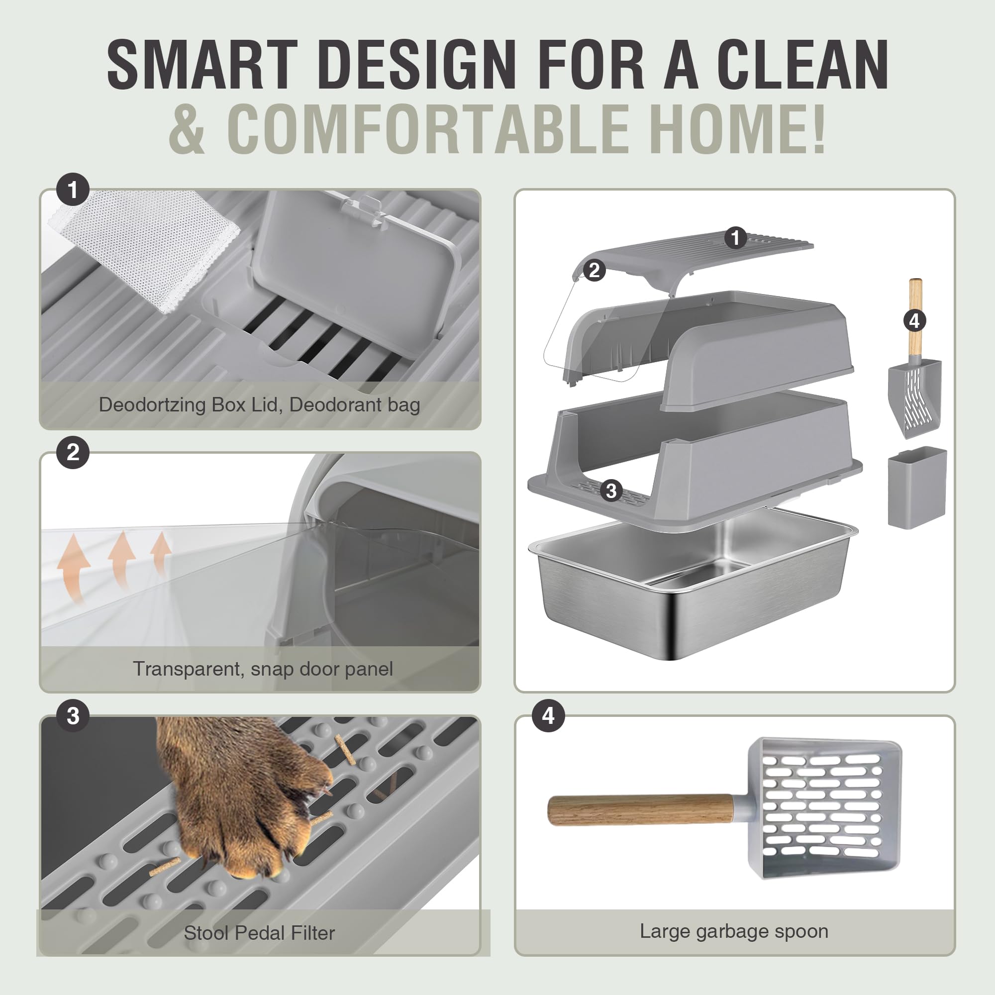 2 Pack TIPOOP XL Stainless Steel Enclosed High Sided Cat Litter Box with Lid, 24'' L &times; 16'' W &times; 17'' H - Odor Control & Easy Cleaning,Non-Sticky, Include Litter Scoop,Grey - image 4