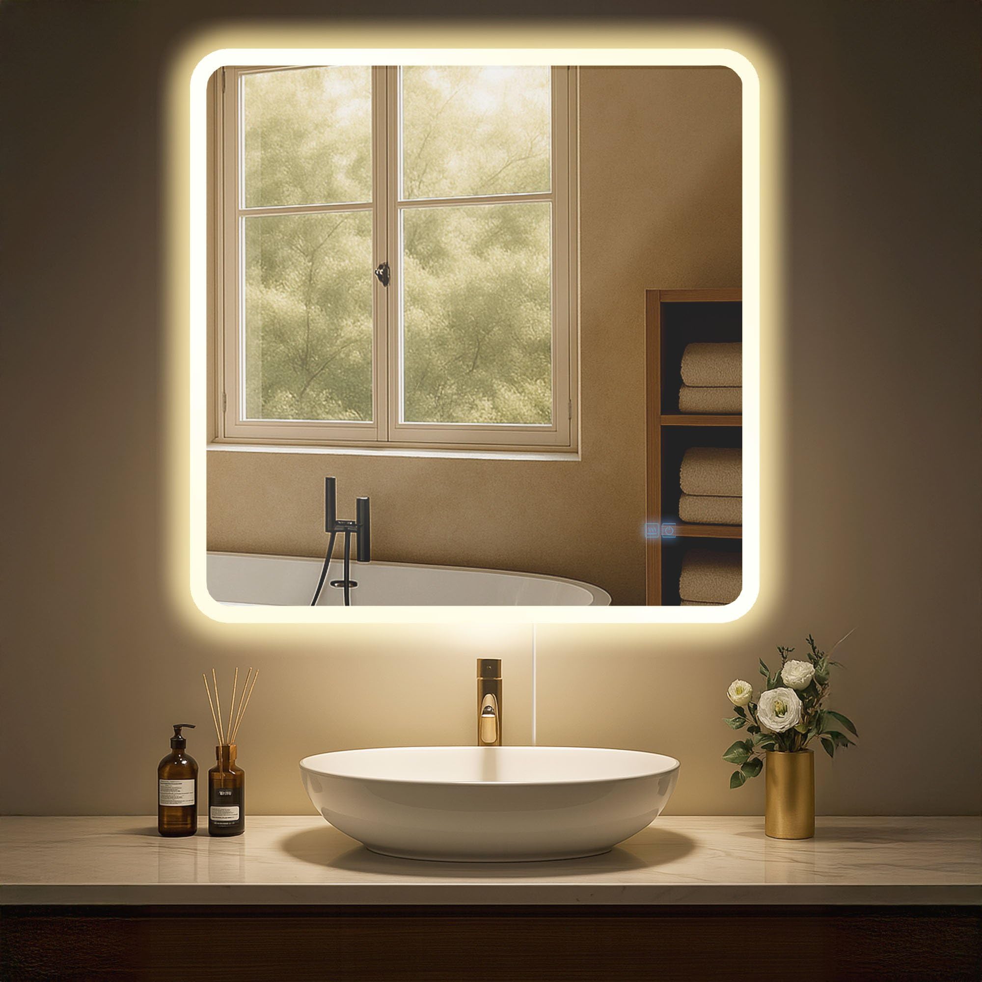 CLP Specchio da bagno Jericho con illuminazione, specchio da bagno antiappannamento, specchio da parete con luce LED, dimmerabile, Dimensione:80x80 cm