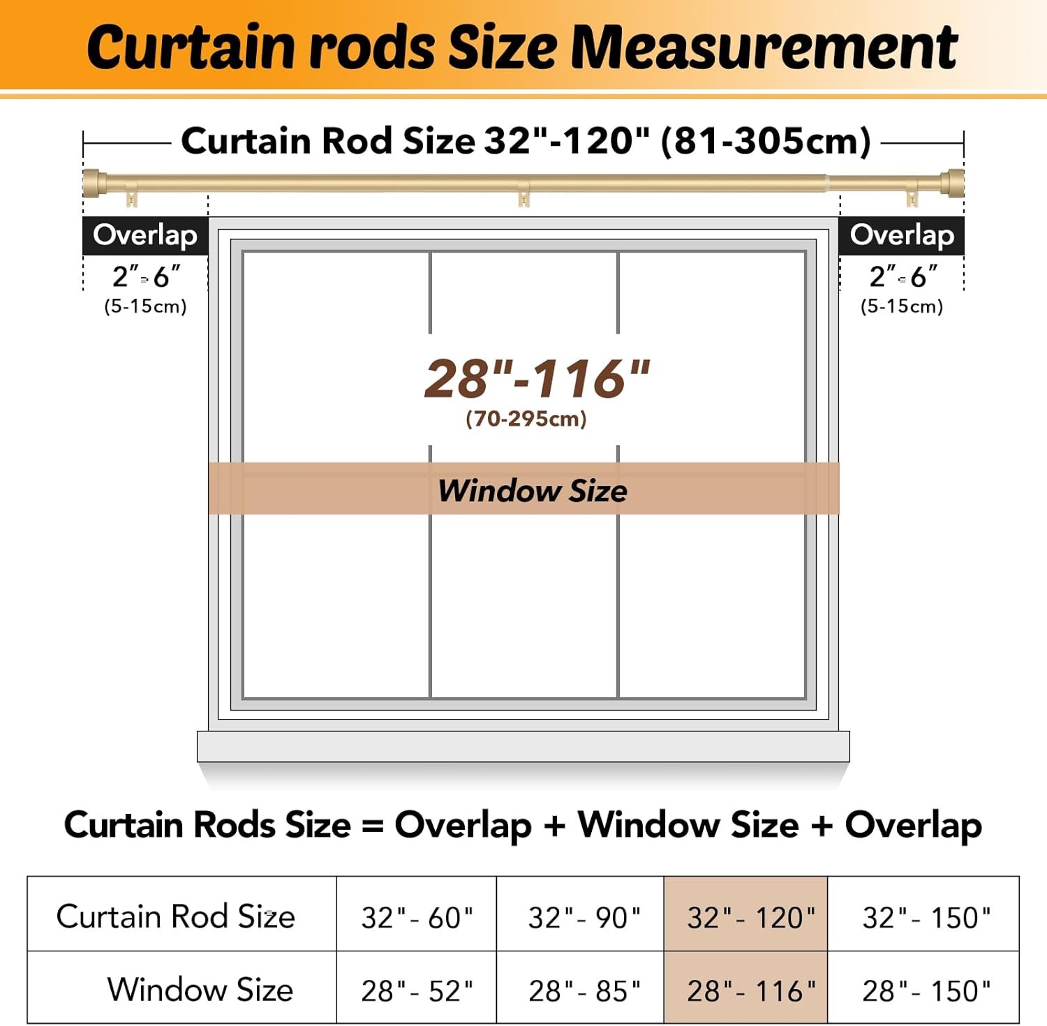 GEEBOBO 2 Pack Gold Curtain Rods for Windows 66 to 120 Inch, 1 Inch Adjustable Heavy Duty Decorative Curtain Rods, W1 (Gold, 32"-120",2 Pack)