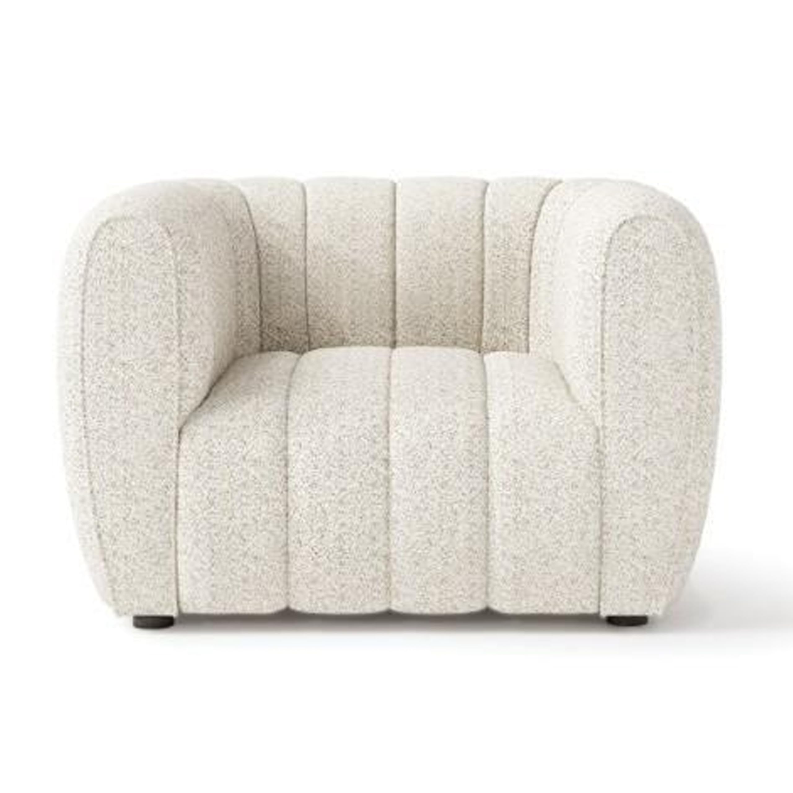 Benjara Hery Accent Chair, Channel Tufted Boucle, Curved Low Back, Off White and Black