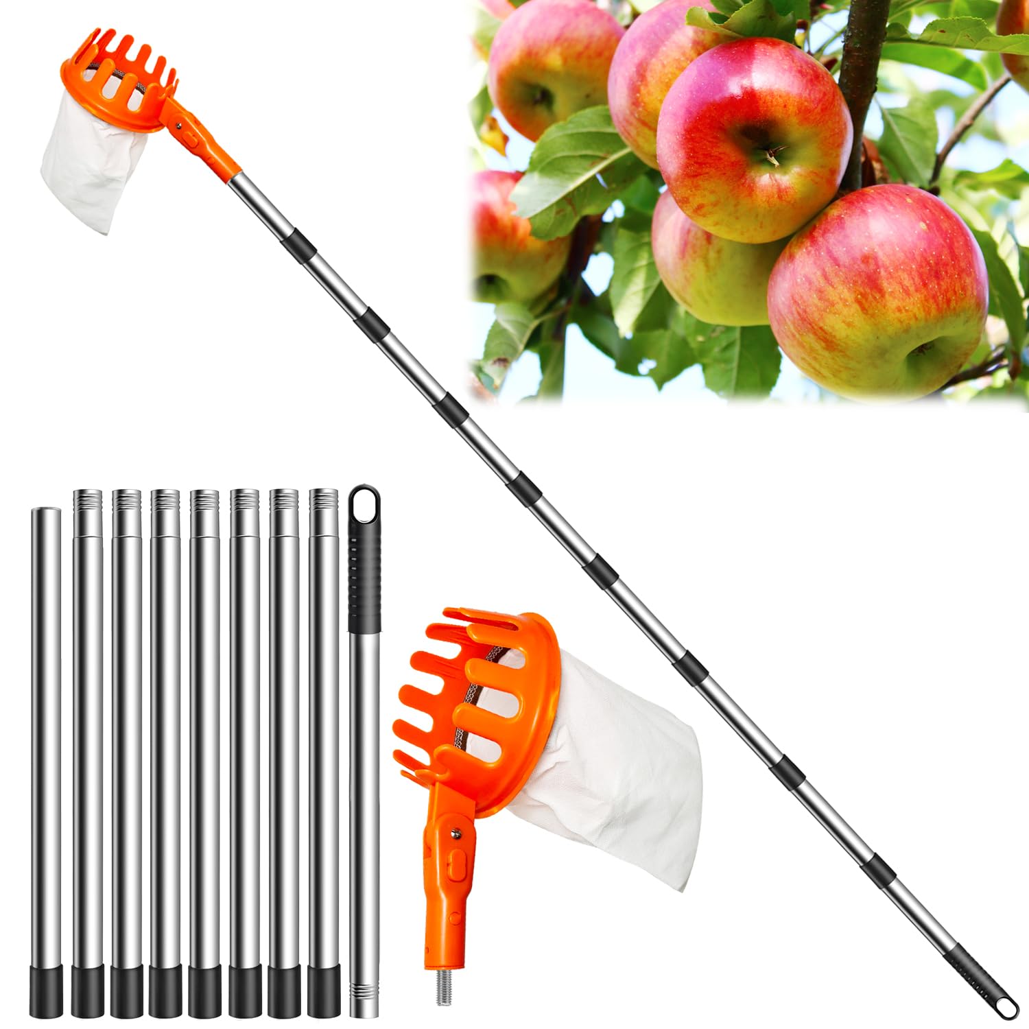 Fruit Picker Pole with Basket Telescoping 13.7Ft Apple Picker Pole, Fruit Picker Tool with Basket, Adjustable Head, Lightweight Apple Tree Picker Tool for Apples, Lemon, Orange- Easy to Assemble