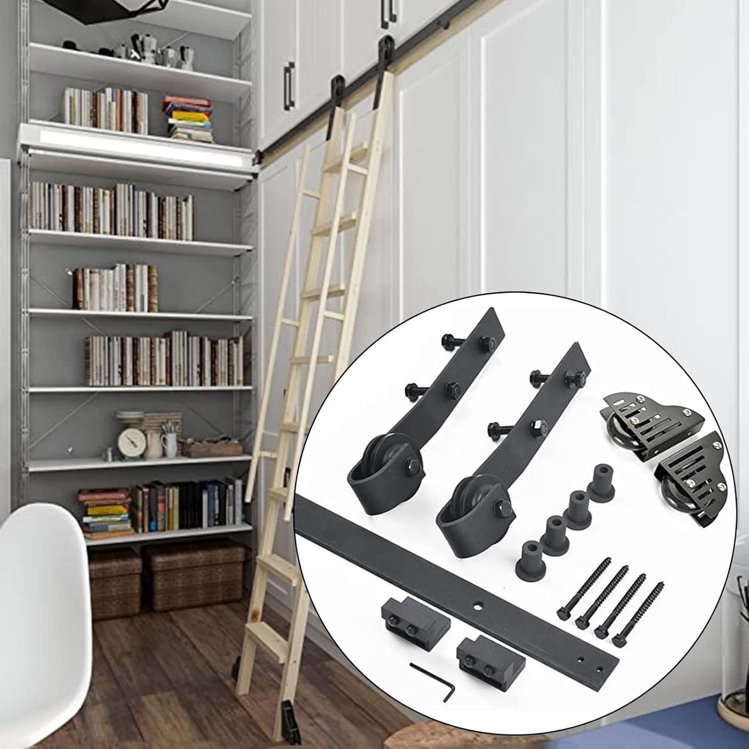5ft-13ft Rolling Ladder Sliding Track Hardware (No Ladder) Home Loft Office Sliding Ladder Kit with Floor Roller Wheels (Size : 10ft/300cm Track kit)