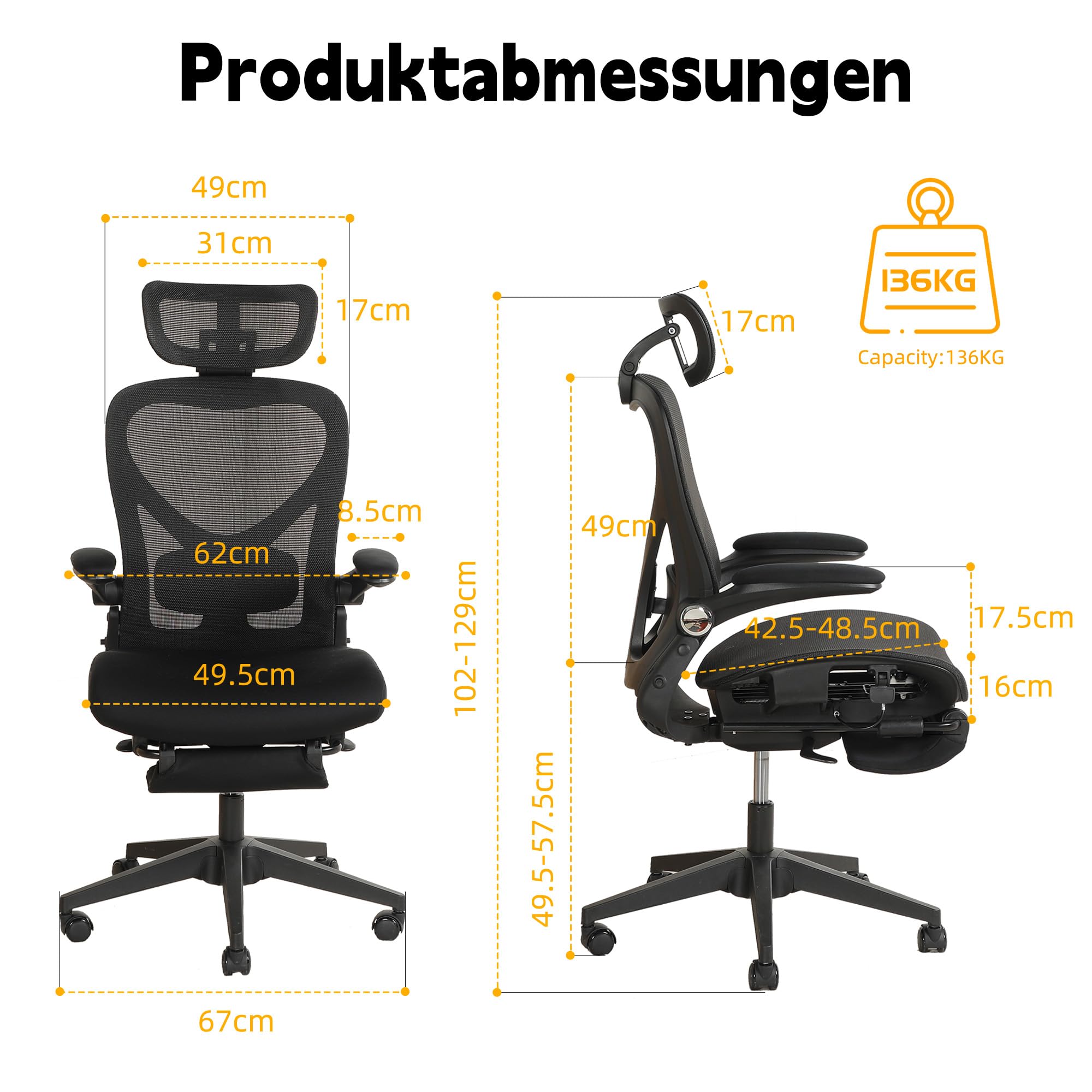 MURUL Silla de oficina ergonómica plegable negra con soporte lumbar, respaldo de malla y cojín de asiento, reposabrazos plegables, reposacabezas 3D, reposapiés, altura ajustable