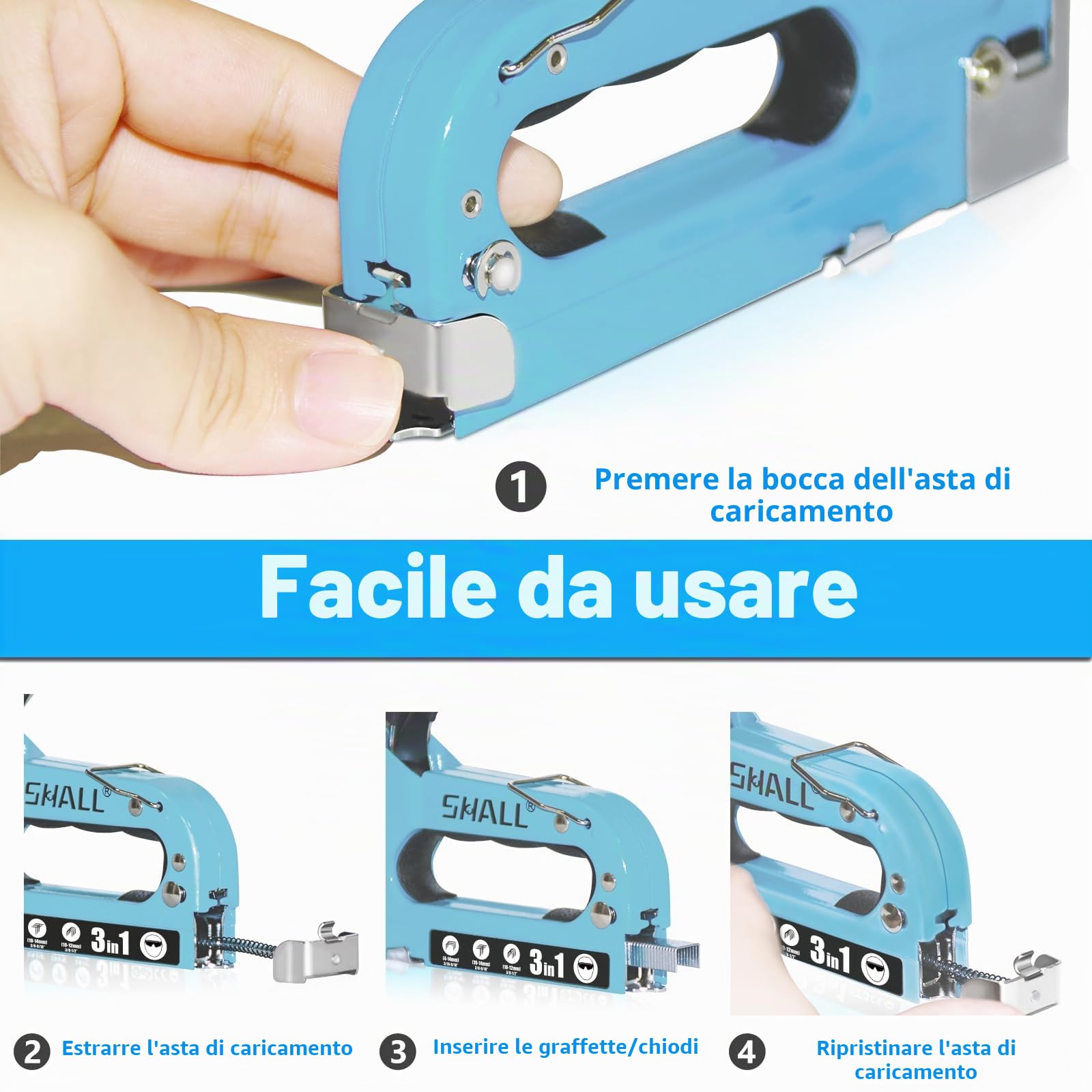 SHALL Set di pinzatrici a mano, 3 in 1, potente pinzatrice per legno con 3000 punte, certificato TÜV GS, pistola per falegnameria, decorazione, fissaggio cavi, incl. rimozione graffette