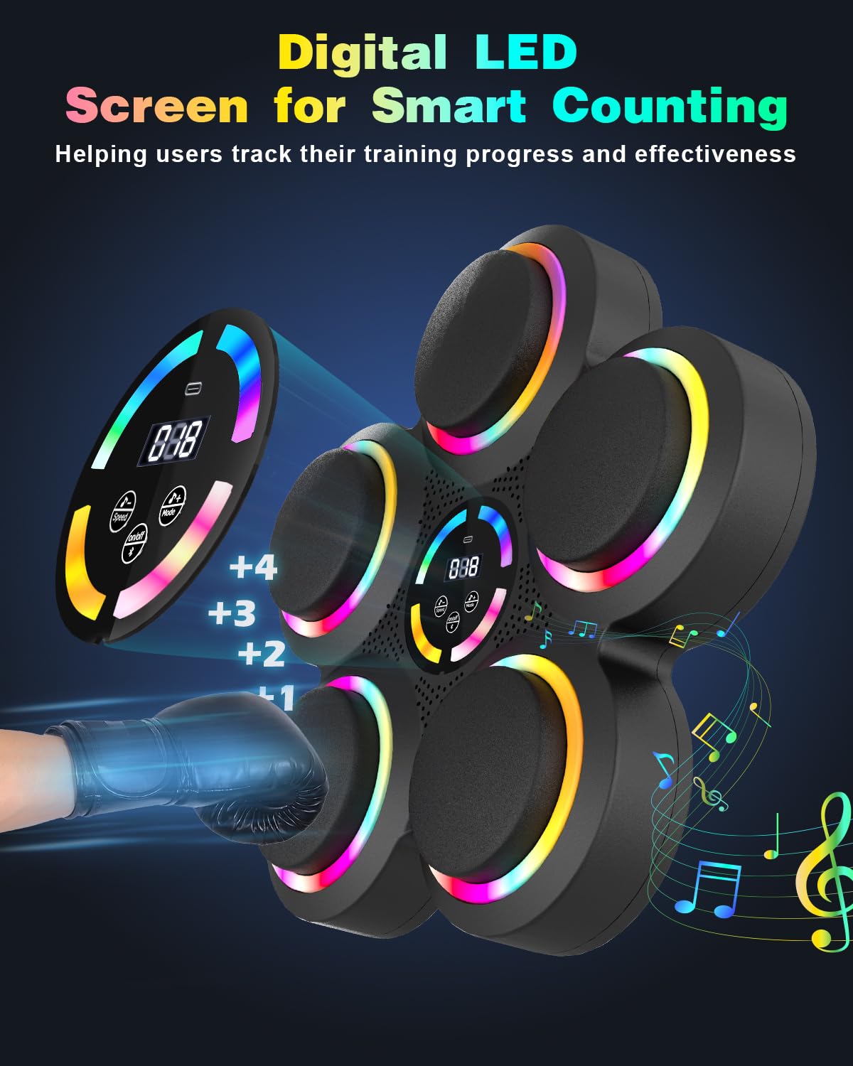 AONESY Musik-Boxmaschine für Erwachsene, 6+2 Ziele Bluetooth-Smart-Box-Trainingsgerät mit LED-Leuchten und Handschuhen, Musik-Boxmaschine mit 9 Modi und 9 Geschwindigkeiten für das Heim-Fitnessstudio