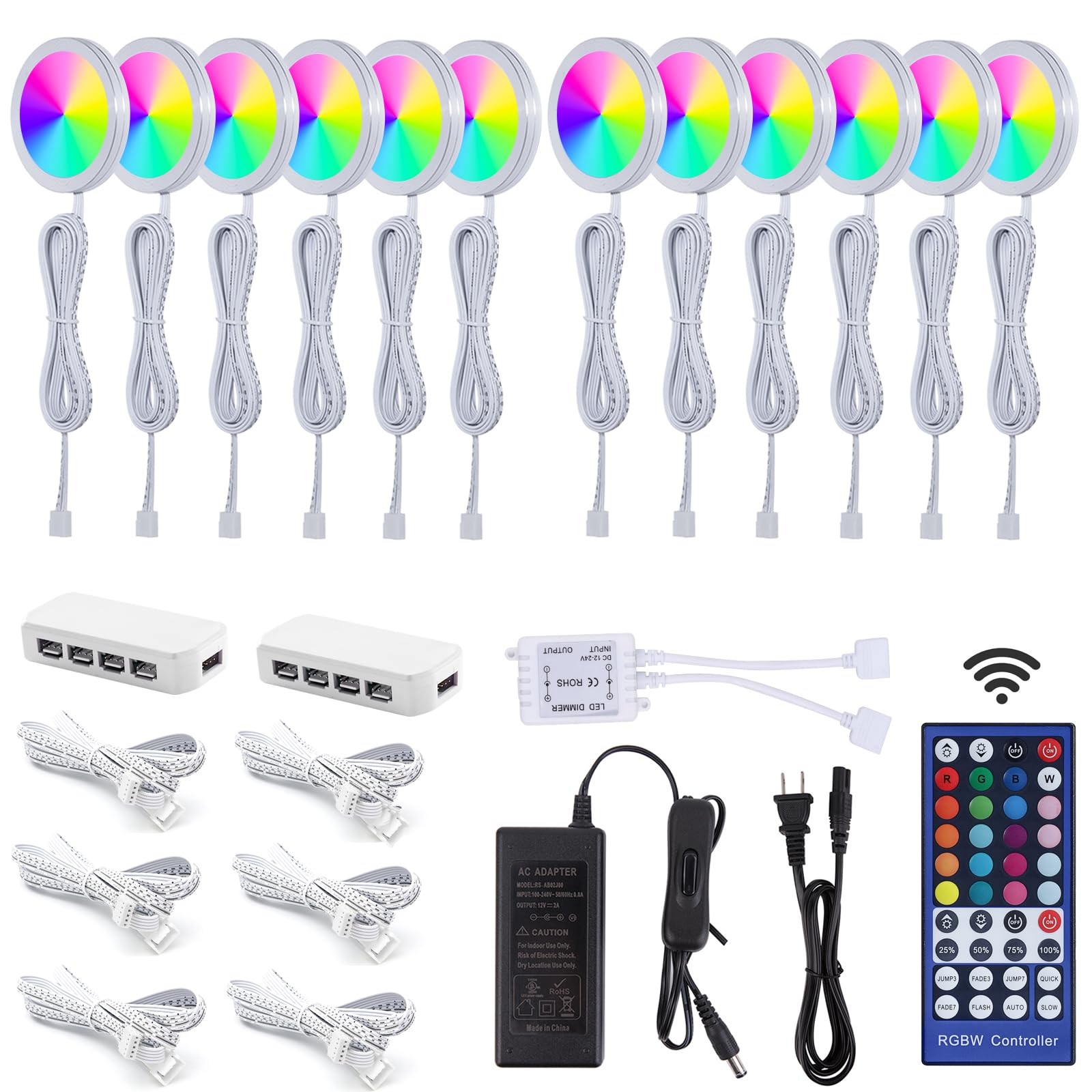 Photo 1 of ANTOTEN Under Cabinet Lights, RGBWW Ultra Slim Puck Lighting Kit 12 Pack, Dimmable Counter Showcase Kitchen Lighting Fixtures, Puck Lights with Remote and 12V Plug in Adapter