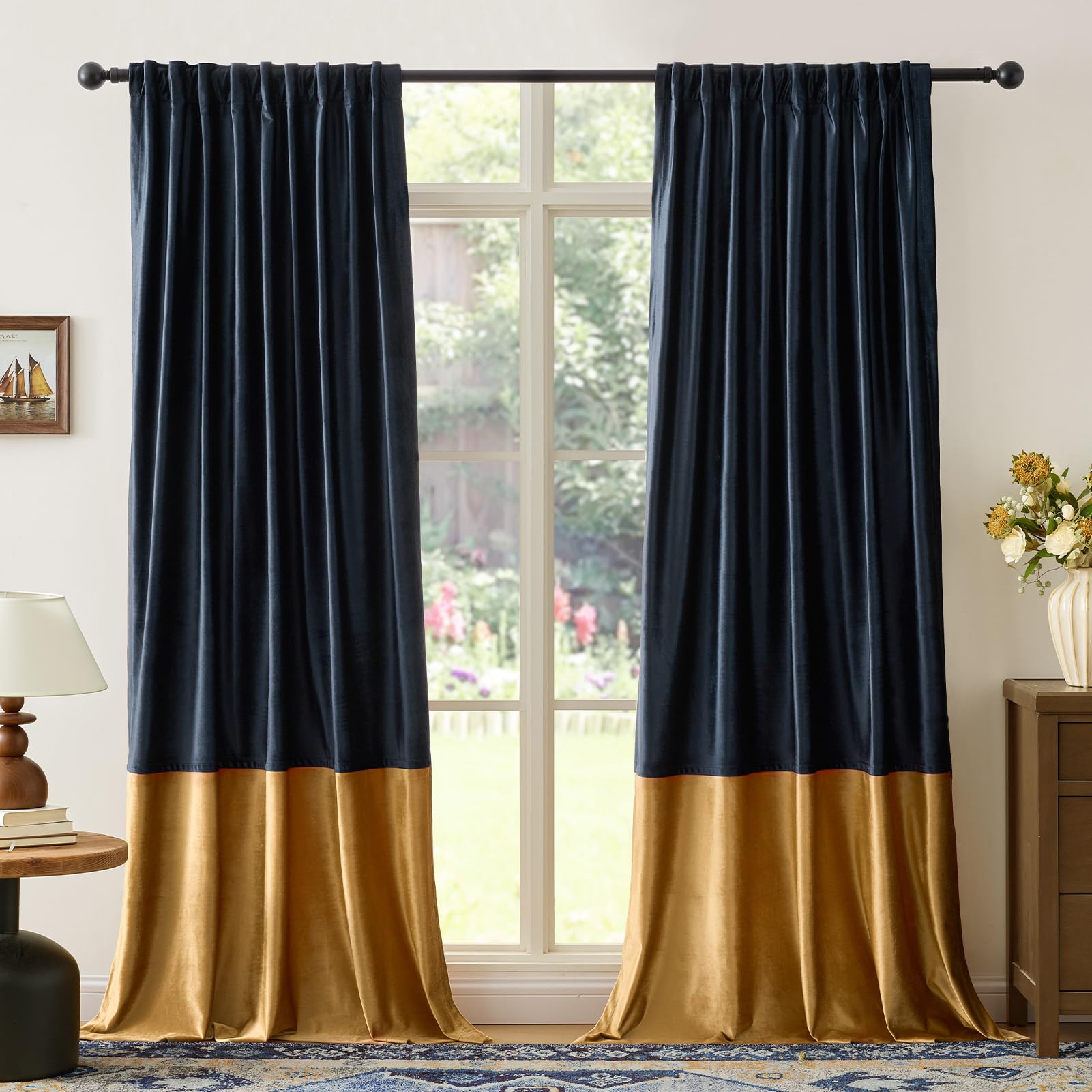 Samtvorhänge für Wohnzimmer, Marineblau, Gold, 160 cm lang, 2 Paneele, Verdunkelungsvorhänge, Moderne Farbblock-Rückseite, Schlaufentasche, schalldichte Vorhänge für Schlafzimmer, Fensterdekoration