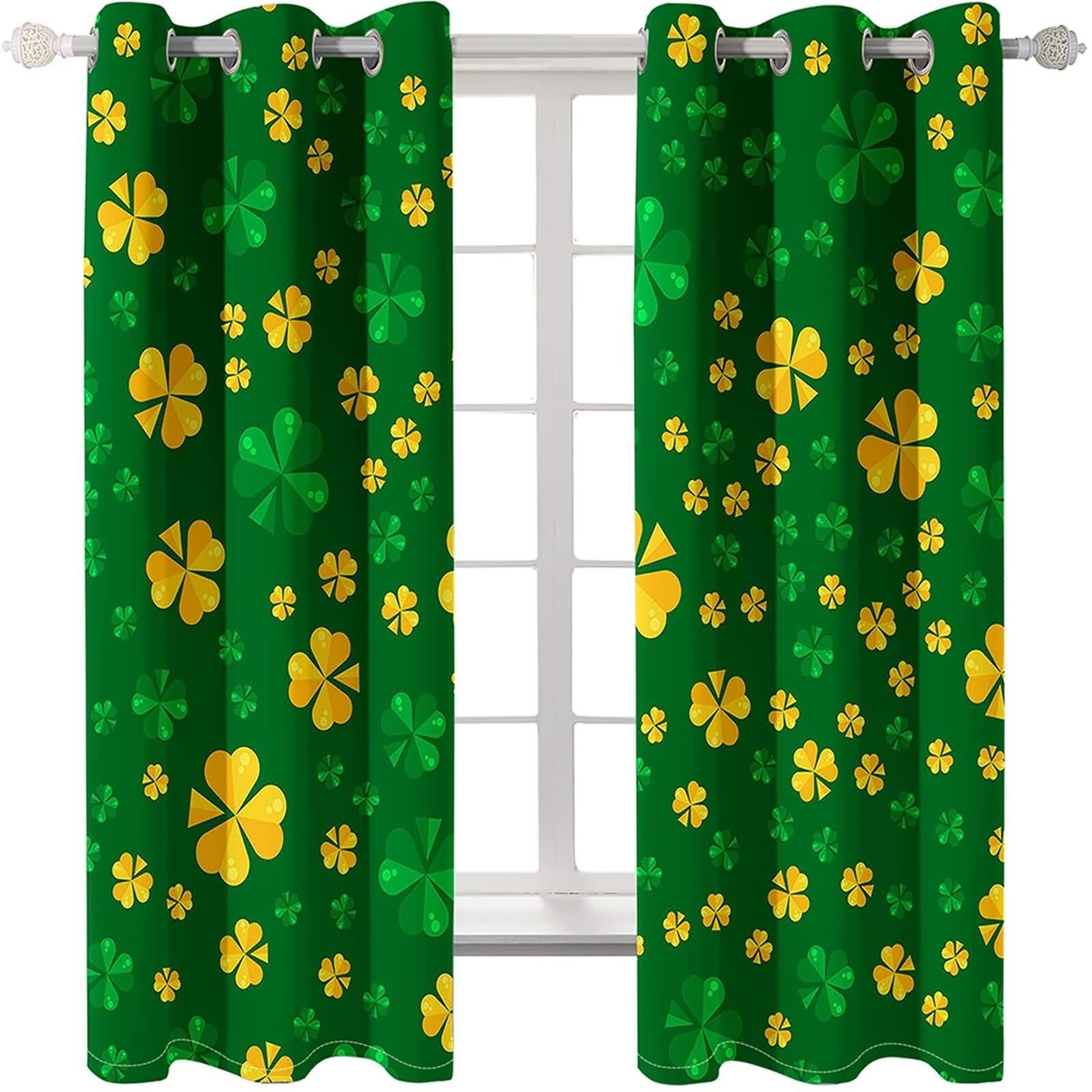 Verdunklungsvorhänge Wohnzimmer, Gardinenstoff Vintage Gelbgrün Polyester Kleeblätter Vorhänge 2er Set B 86 x H 229 cm