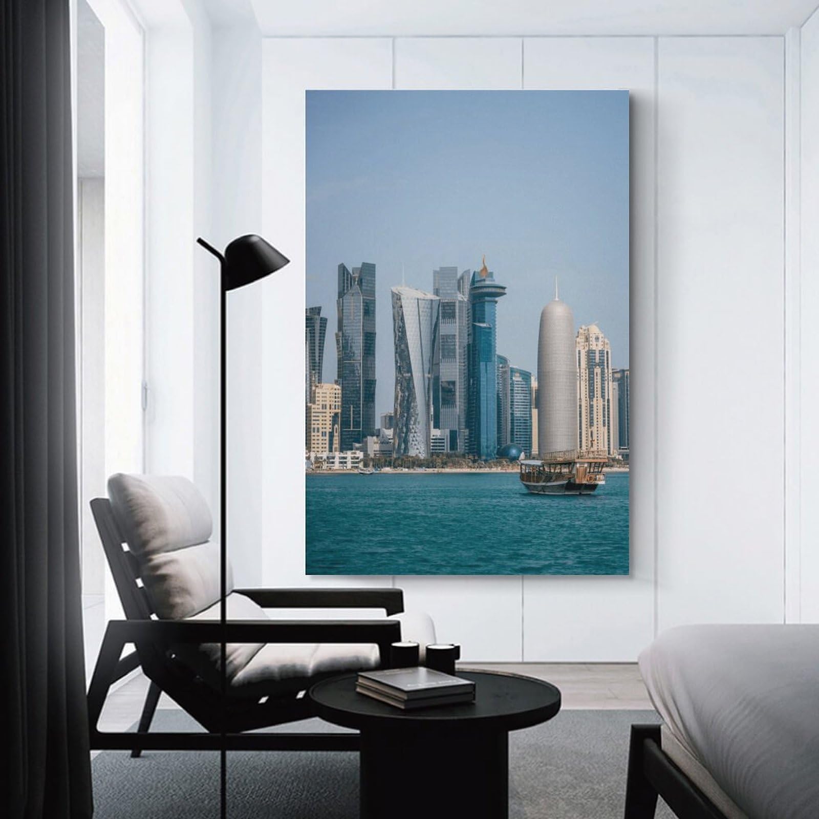 Junmoney Doha Skyline with Traditional Boat Room Decor Wall Art 24x36inch(60x90cm), for Bedroom, Guest Room Or Reading Nook, An Easy Wall Refresh for Bedrooms