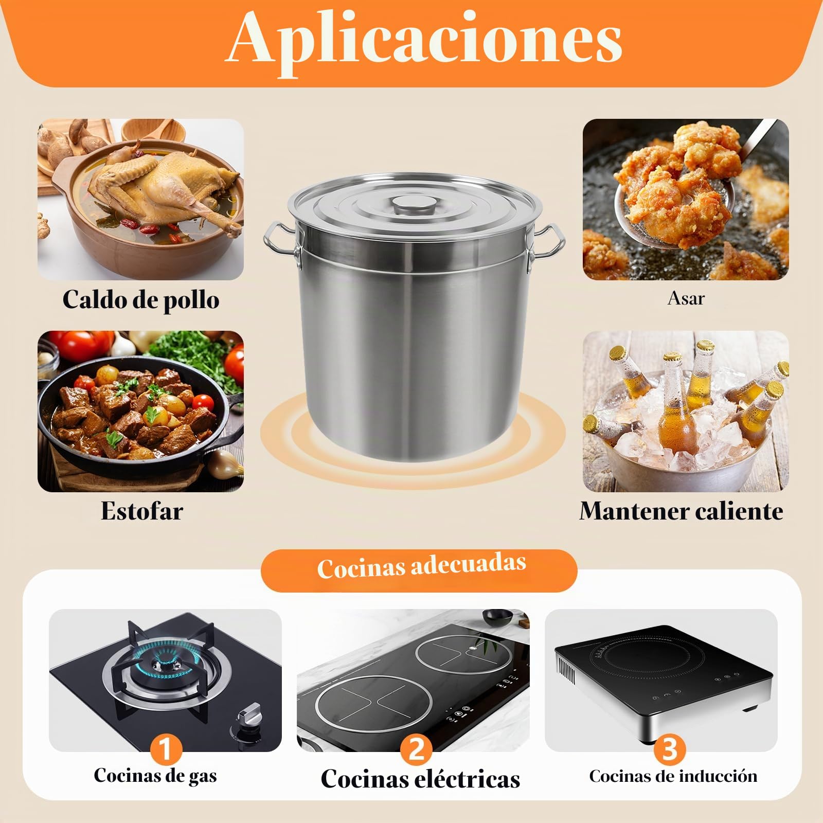 50L olla de cocina, olla grande de 40 cm de acero inoxidable con tapa y asas retráctiles, ollas grandes de gran capacidad para cocinar verduras para cocinar a fuego lento, asar y mantener