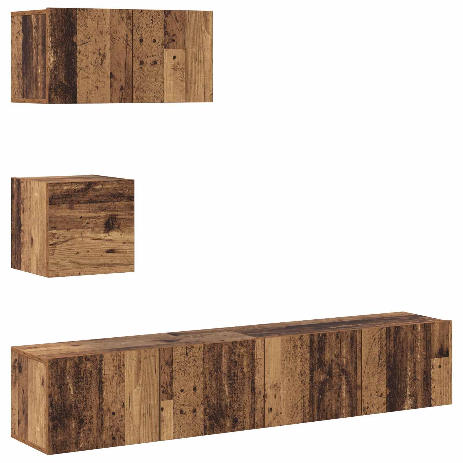 TV-Schrankset Wandmontiert 3-teilig, Altholz Holzwerkstoff, Modernes Media-Center für Wohnzimmer und Schlafzimmer, Platzsparendes Design mit Stauraum