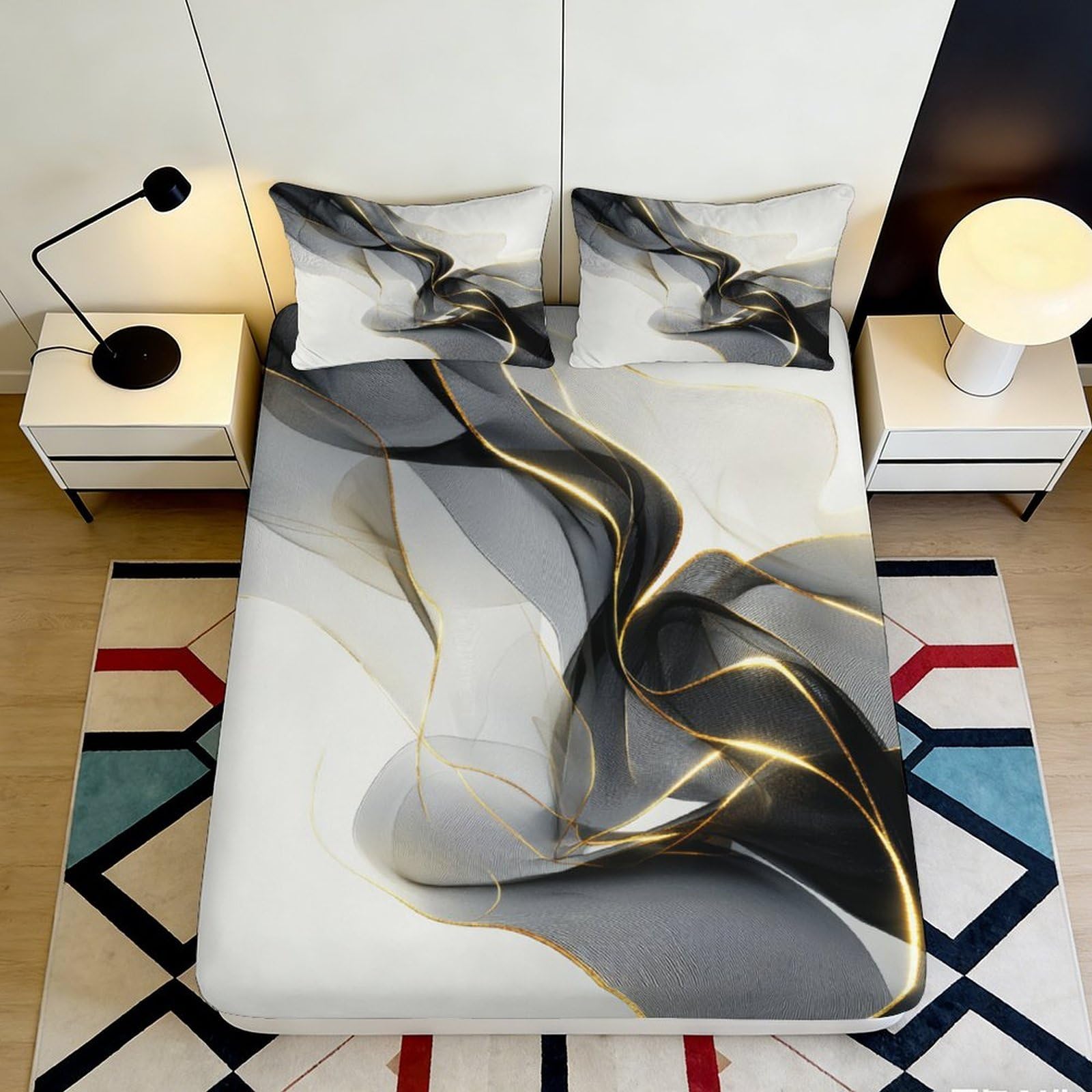 3D Printed Abstract Smoke Fitted Sheet Microfiber Soft Breathable Modern Flow Mattress Cover for Bedroom Dormitory Guest Room Protection Decor 160x200x25cm