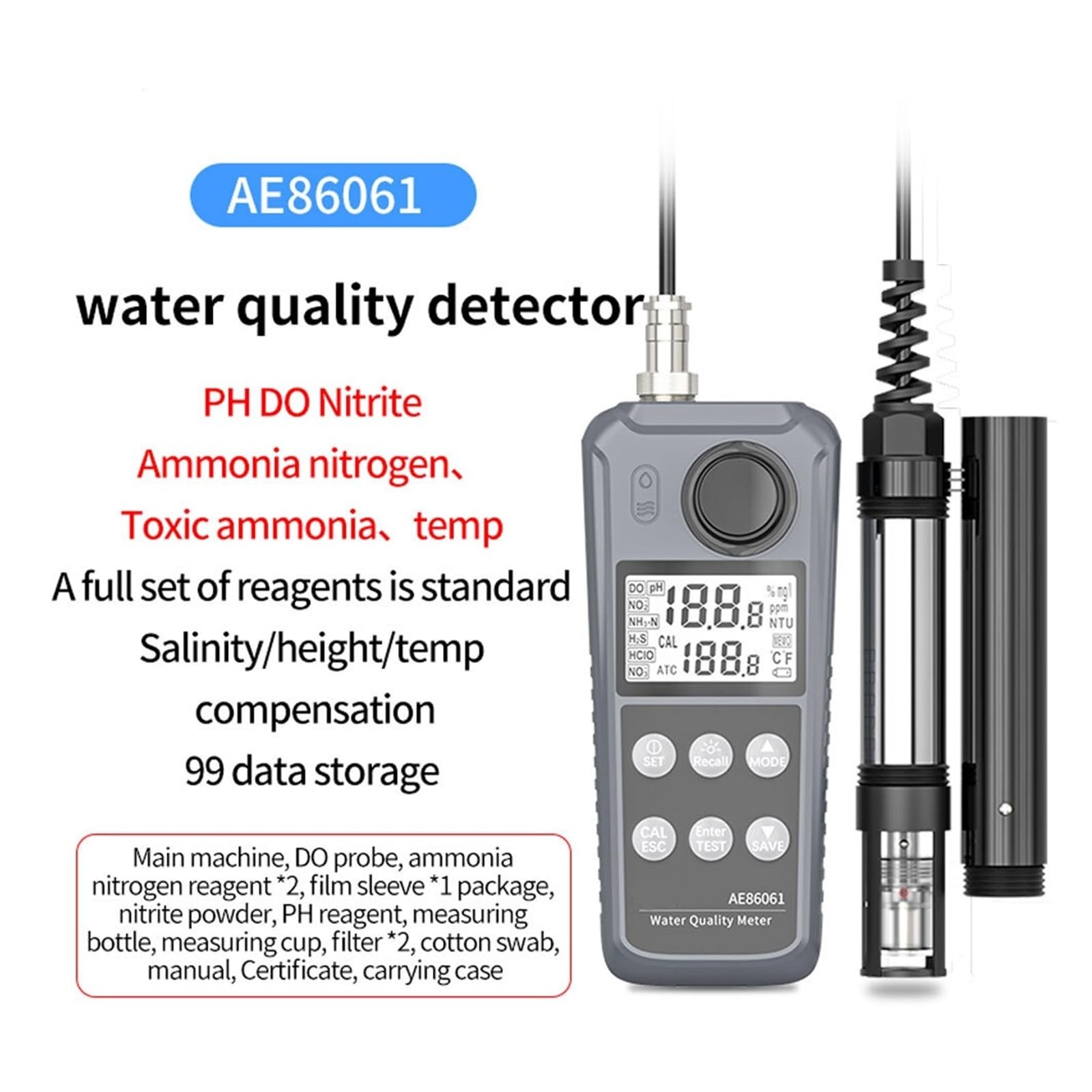 AE86061 Analyseur numérique de qualité de l'eau de laboratoire avec écran rétroéclairé | Mesure de la température, du pH, des nitrites, de l'ammoniaque et de l'azote (écran LCD) pour laboratoire/pisc