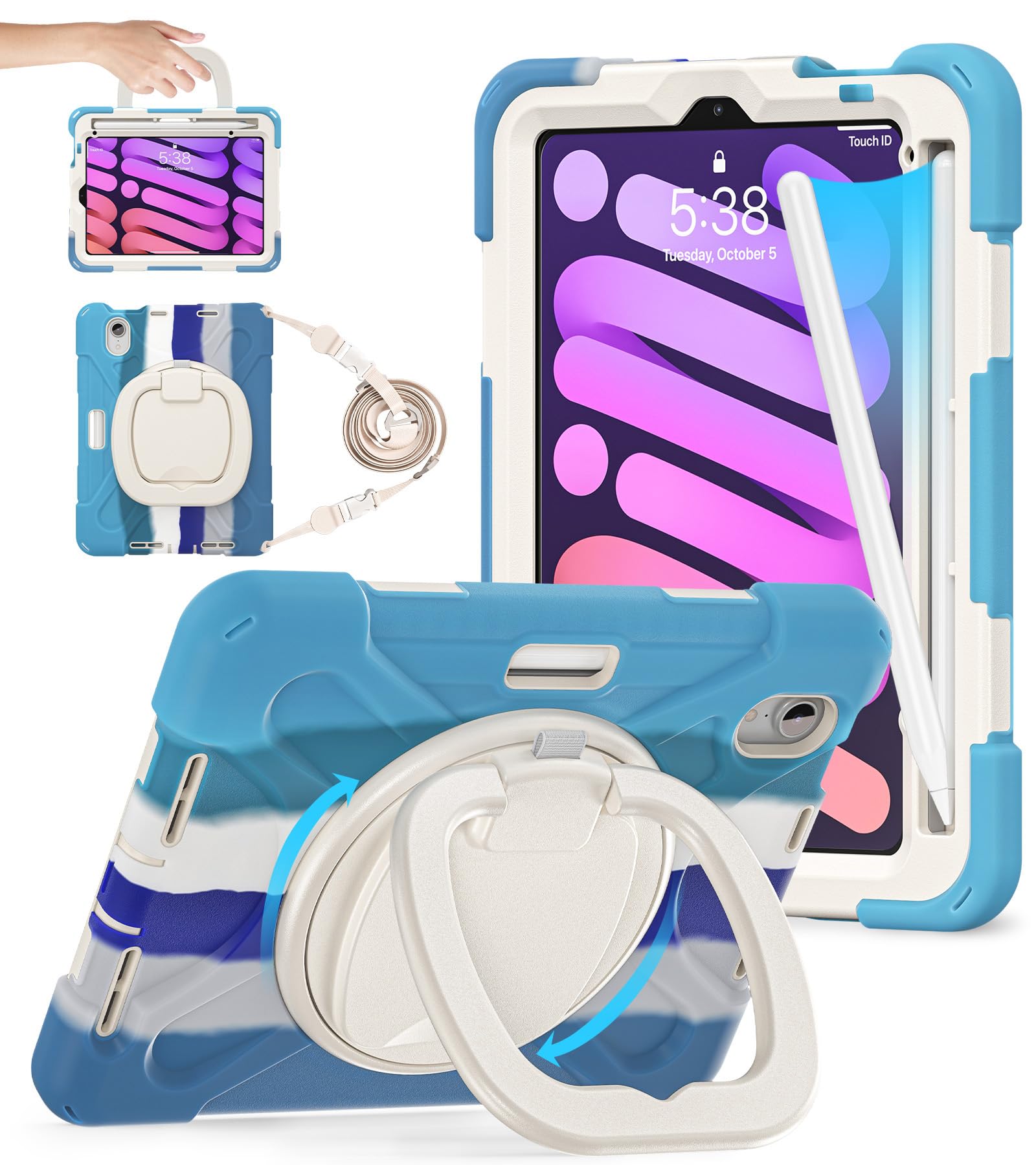 BATYUE Case for iPad Mini 7 A17 Pro 2024/iPad Mini 6 2021 8.3 Inch with Pencil Holder, 360 Rotating Stand, Shoulder Strap, Handle Grip, Shockproof