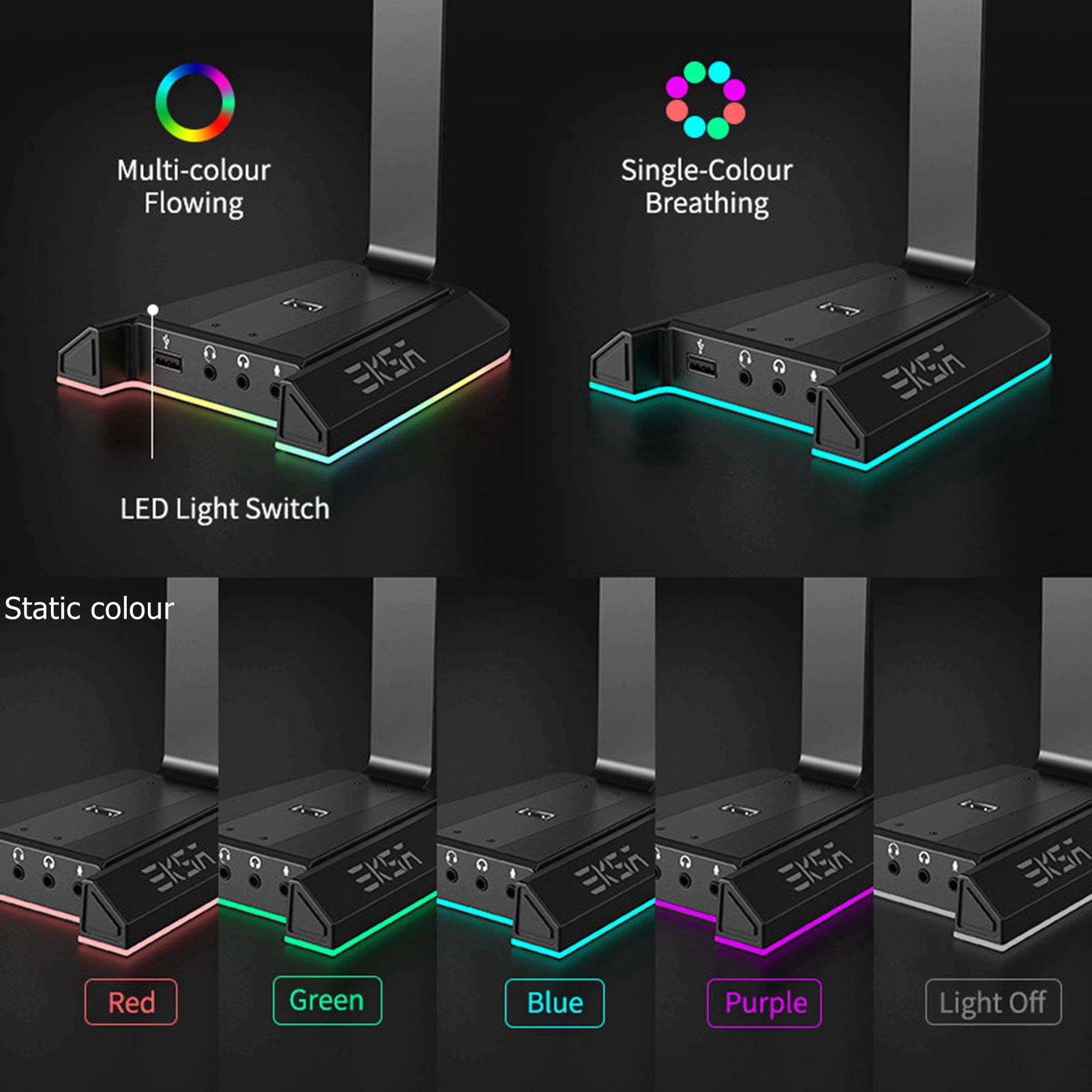 EKSA Porta Cuffie Gaming Accessori RGB, Supporto Cuffie Gaming con Caricatore USB Audio Surround 7.1 e porta da 3,5 mm Adatta, Stand Cuffie Reggi Cuffie da Scrivania PC Gamer, Accessori Gaming