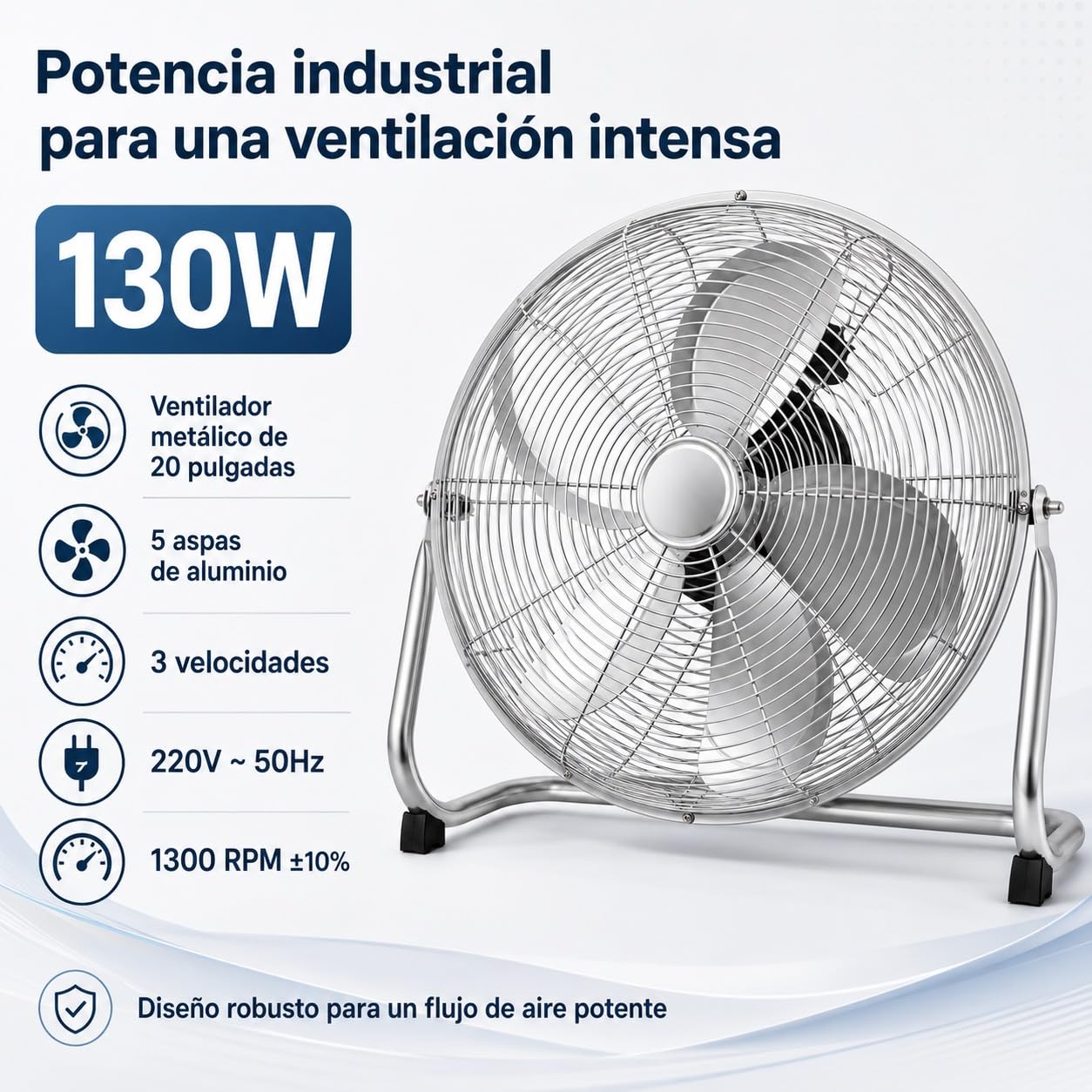 Ventilador Industrial de Suelo 20 Pulgadas, 130 W, Ventilador Metálico con 5 Aspas de Aluminio, 3 Velocidades e Inclinación Ajustable, para Taller, Almacén, Garaje, Gimnasio y Hogar