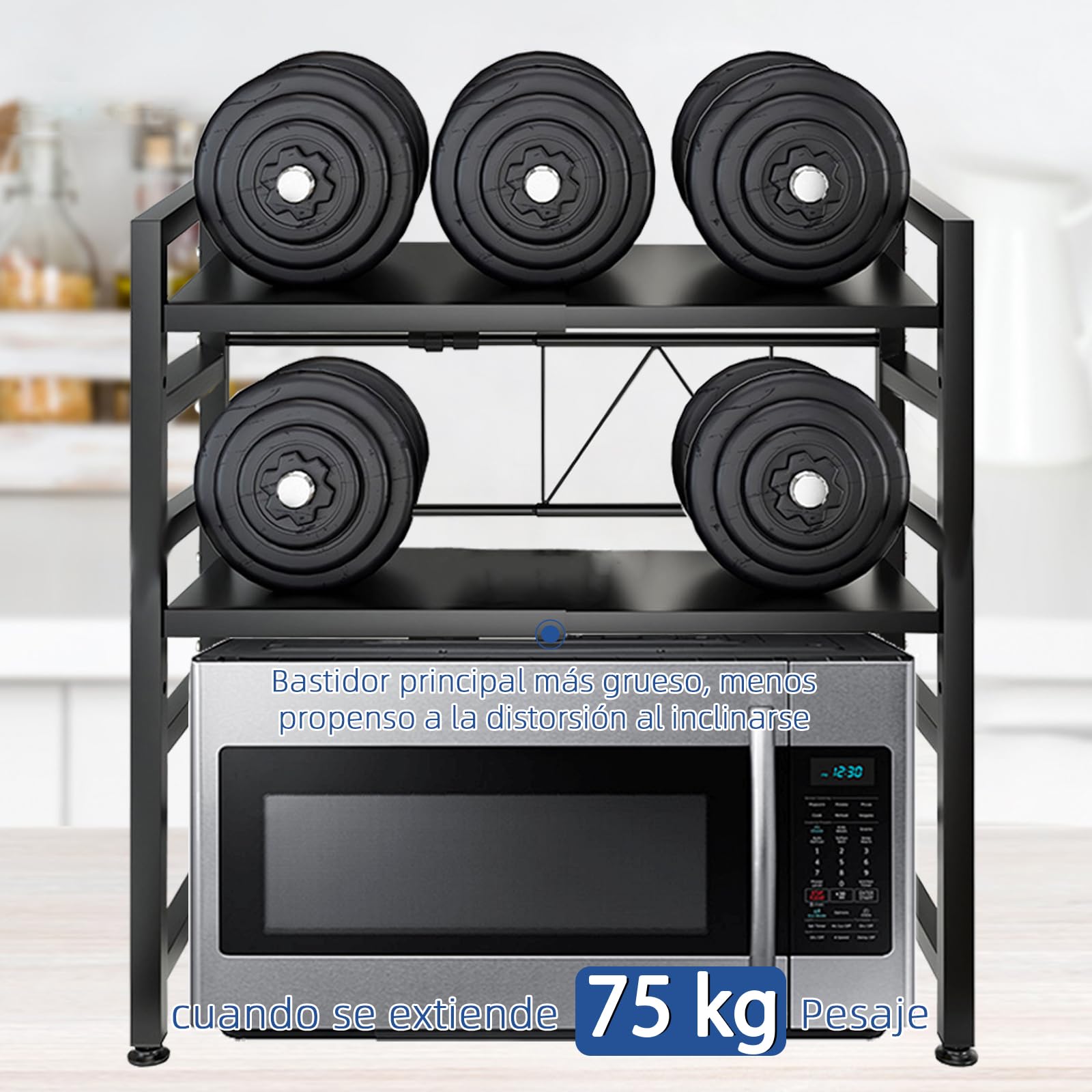 Estantería para microondas, 2 Niveles, Ajustable, 42 – 64 cm, 75 kg de Capacidad de Carga de Acero Inoxidable, Altura Regulable, Estante de Cocina con Gancho (Negro)