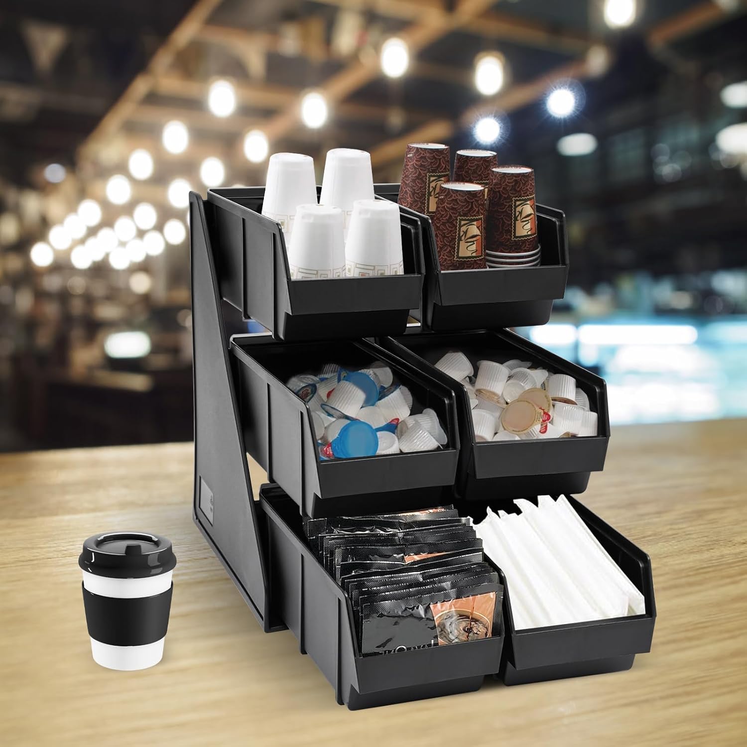 6-Compartment Condiment Organizer Bin - Lightweight 3-Tier Wall-Mountable & Countertop Storage for Bars, Cafés, Kitchens - Versatile Plastic Holder in Black