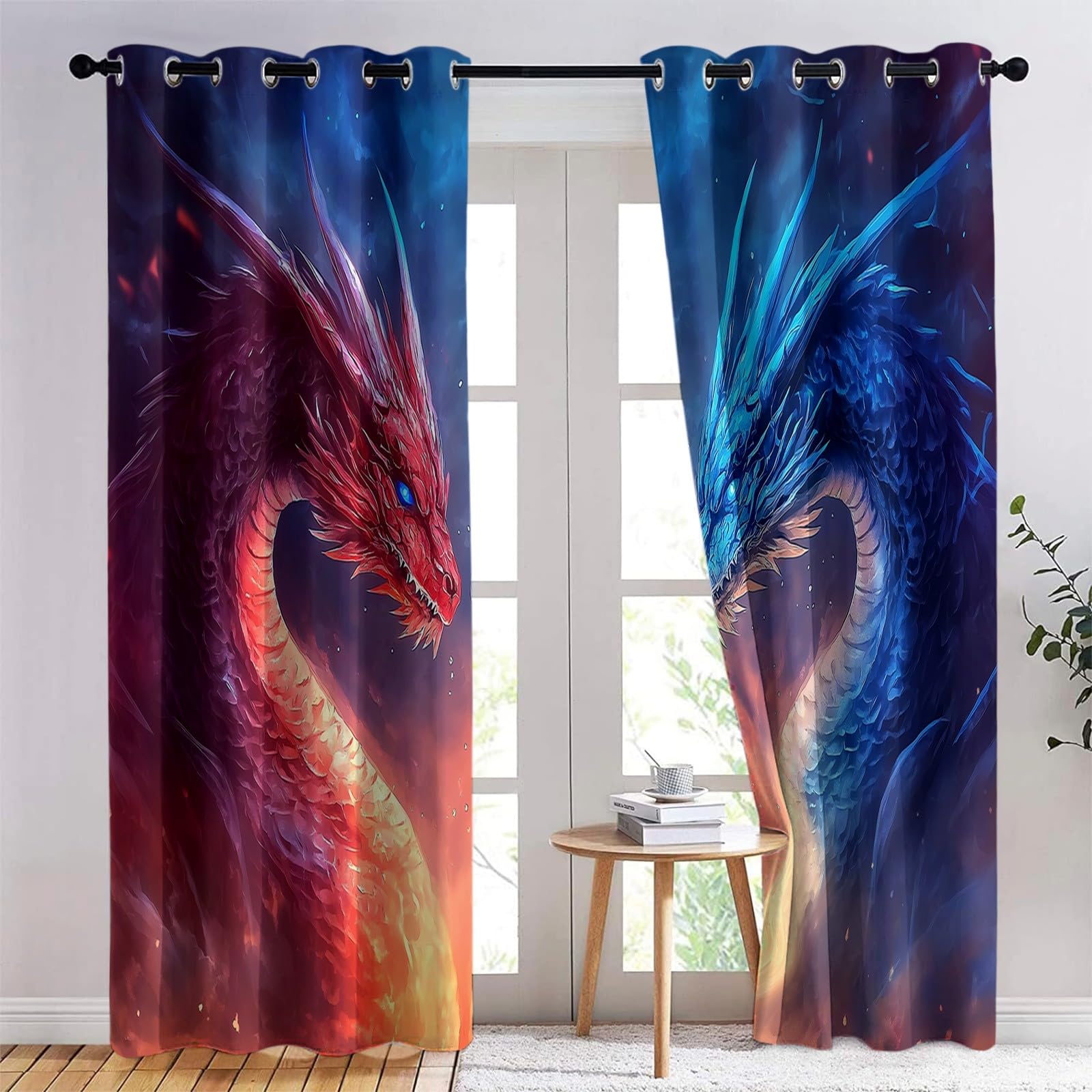 215 x 110 cm Verdunklungsvorhänge 2er Set, Fantasie Tiere Drachen Konfrontation Thermovorhang Hitzeschutz - Vorhang Blickdicht mit Ösen - Thermovorhang-Gardinen für Wohnzimmer, Blau-Orange
