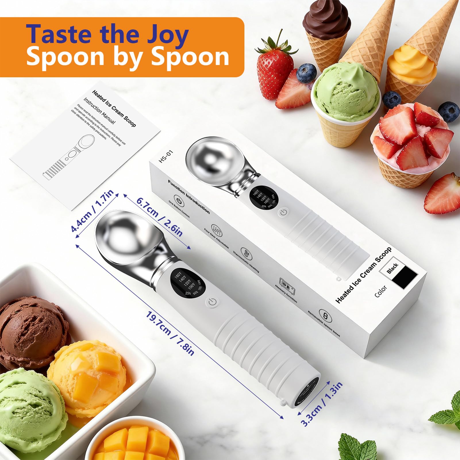 Paletta Gelato Riscaldante, Cucchiaio Gelato Riscaldato, Paletta Gelato con display a LED, Spallinatore Gelato con 3 livelli, Ricaricabile, per Gelato duro e Altro (Bianco)