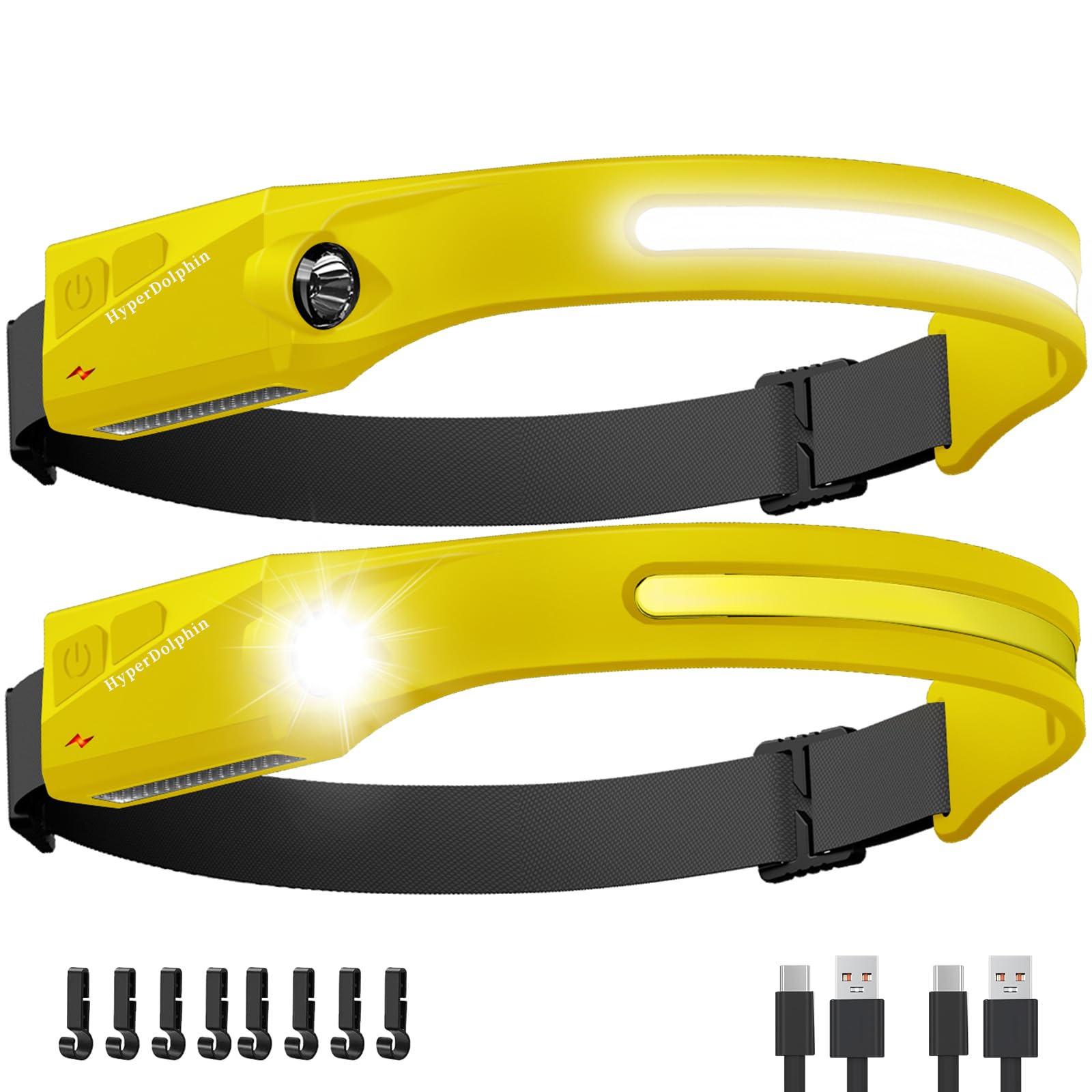 Lampada frontale a LED ricaricabile, confezione da 2, 350 lumen, impermeabile, ampio fascio di luce a 230°, ricarica USB-C (giallo), leggera, confortevole, regolabile, ideale per campeggio