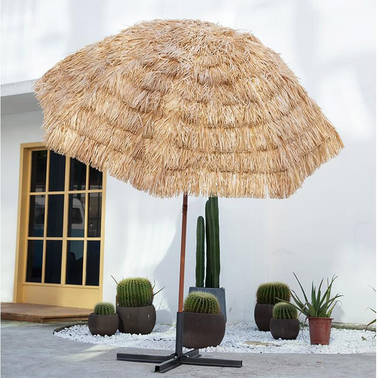 Duży parasol słomkowy na patio 2 m z mechanizmem przechylania, 8 solidnych żeber, wiatroszczelny, stabilny, na zewnątrz, tropikalny, hawajski, strzecha Tiki