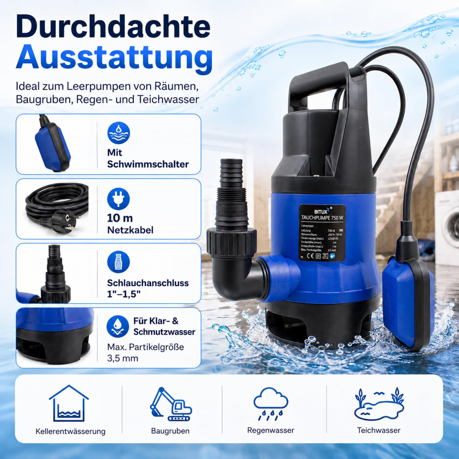 BITUXX® 750W Tauchpumpe Schmutzwasserpumpe für Brunnen Zisterne Bewässern Garten Regentonne Schmutzwasser Bis 12500 Liter/h 1,0-1,5 Zoll Förderhöhe 7 Meter