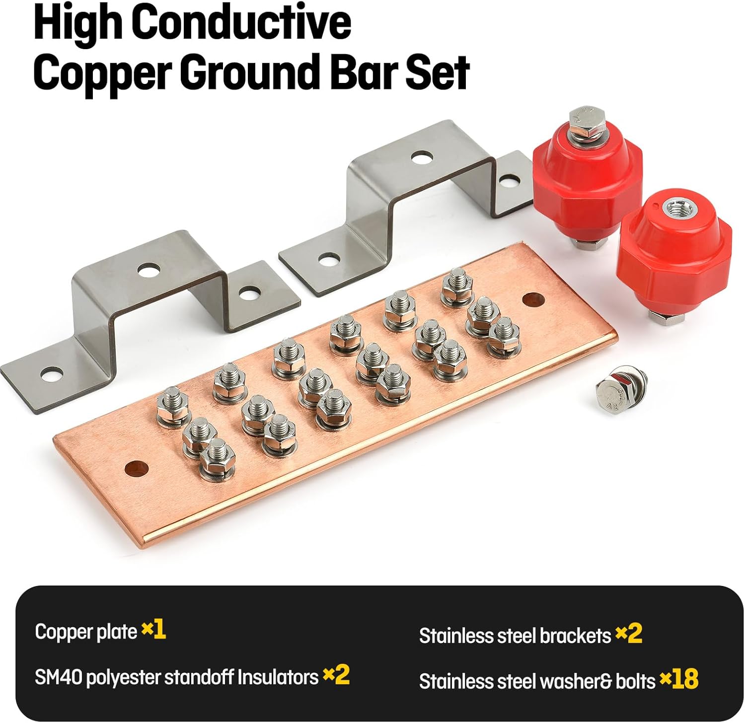 Wall Mounted Copper Ground Bar, Terminal Grounding Bar with UL Recognized SM40 Insulators (1400Amp)