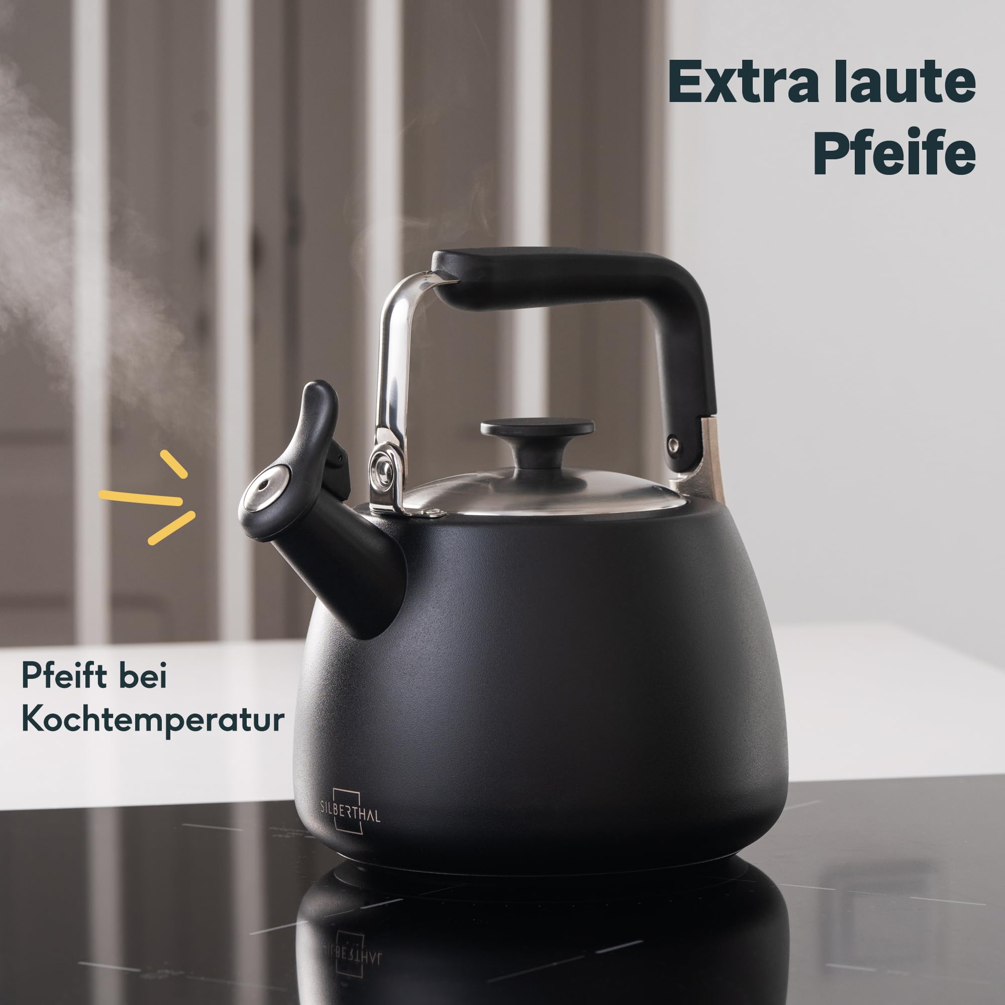 SILBERTHAL Wasserkessel Induktion 2,8l mit lauter Pfeife– Teekessel Edelstahl – Wasserkocher für Camping - Flötenkessel Schwarz